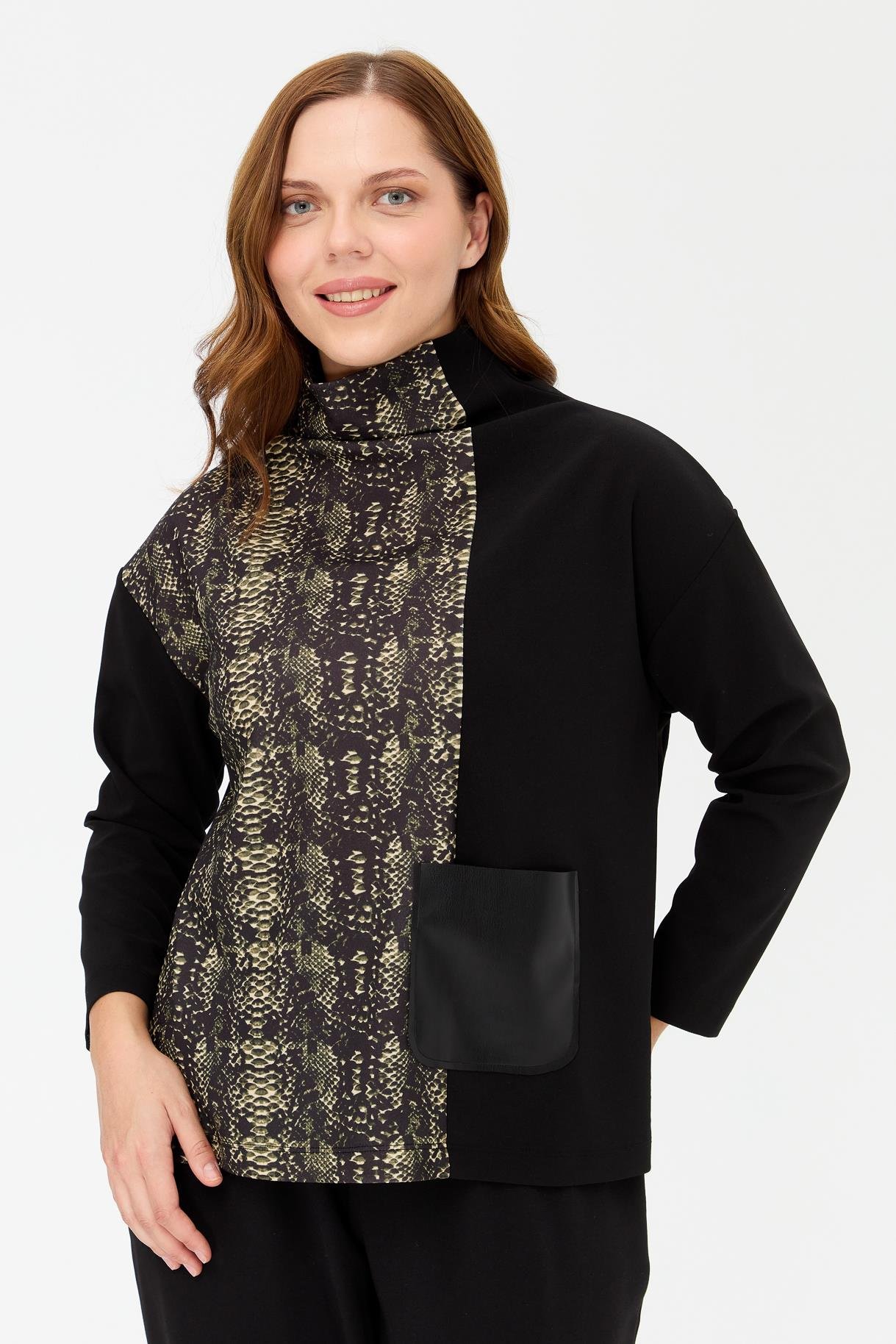 Büyük Beden Cepli Desenli Bluz - YEŞİL