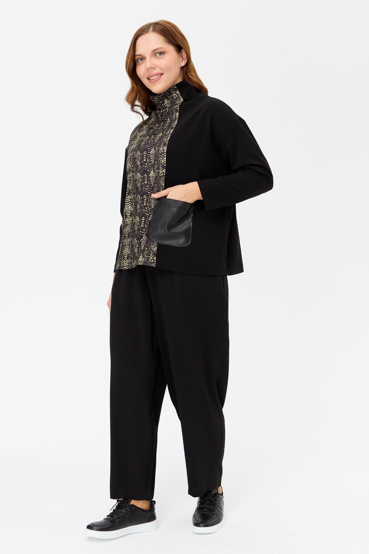 Büyük Beden Cepli Desenli Bluz - YEŞİL