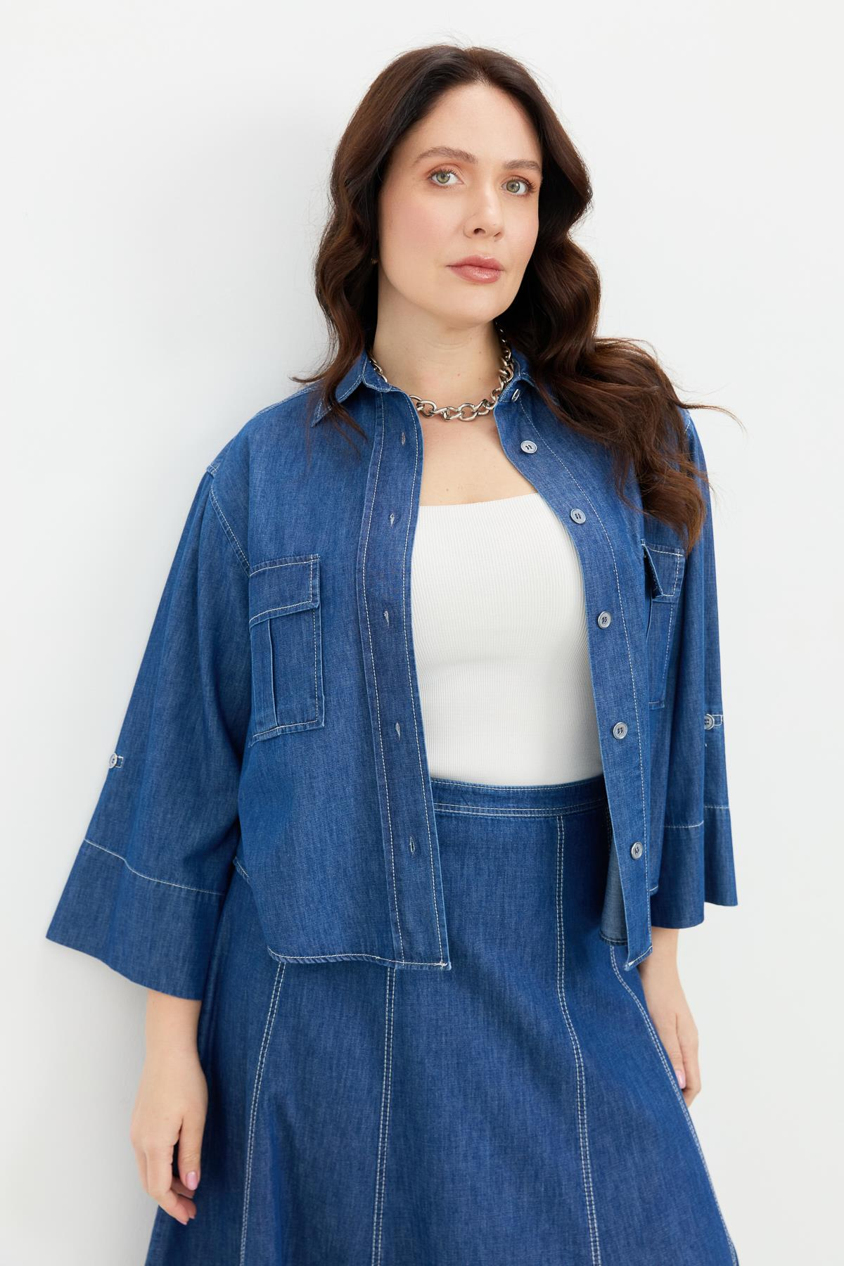 Büyük Beden Cepli Kot Gömlek-LACI