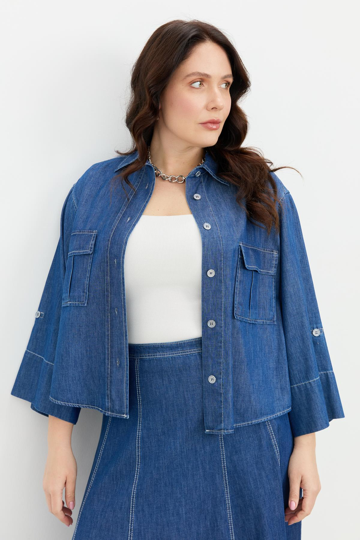 Büyük Beden Cepli Kot Gömlek-LACI