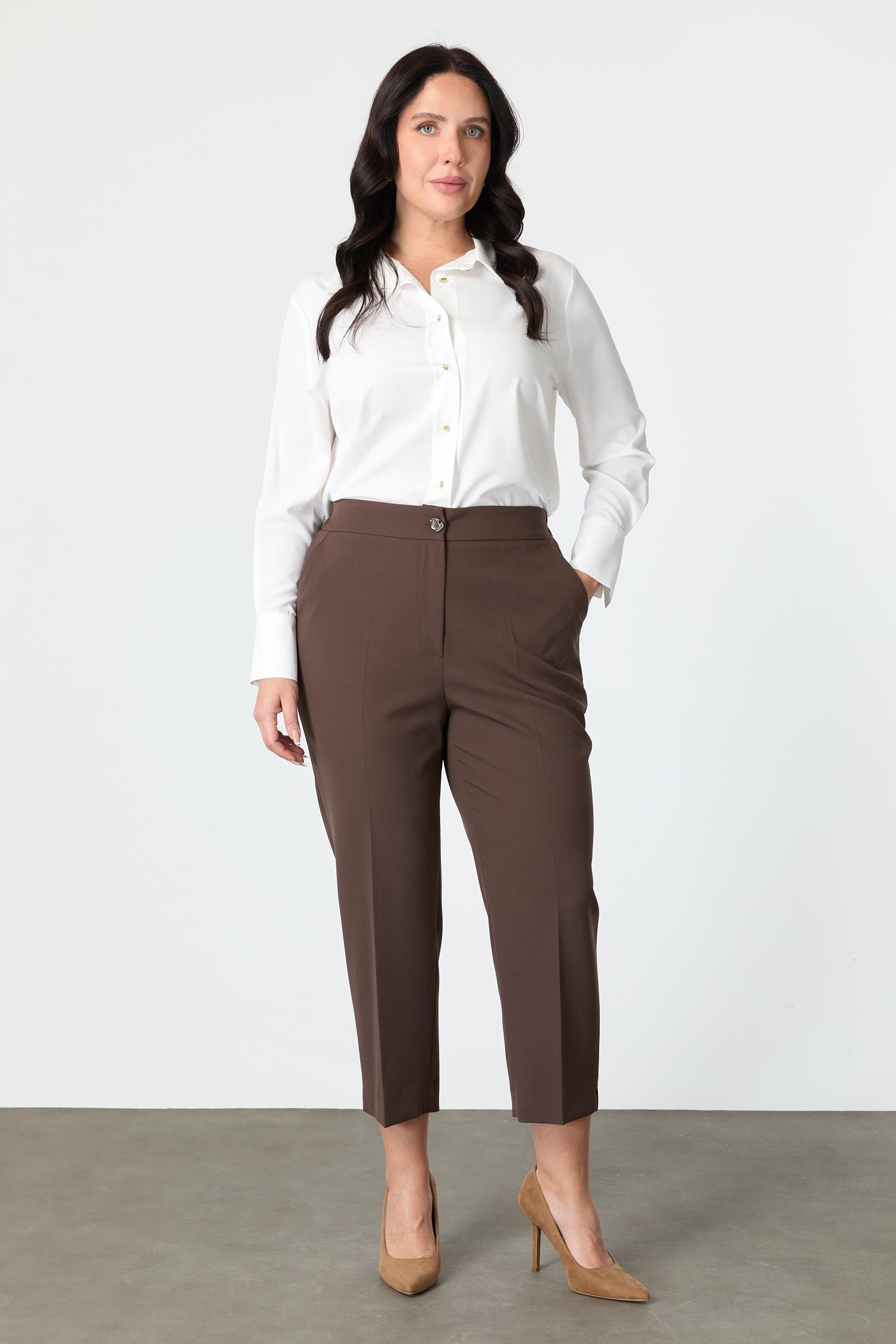 Büyük Beden Cepli Pantolon-KAHVE