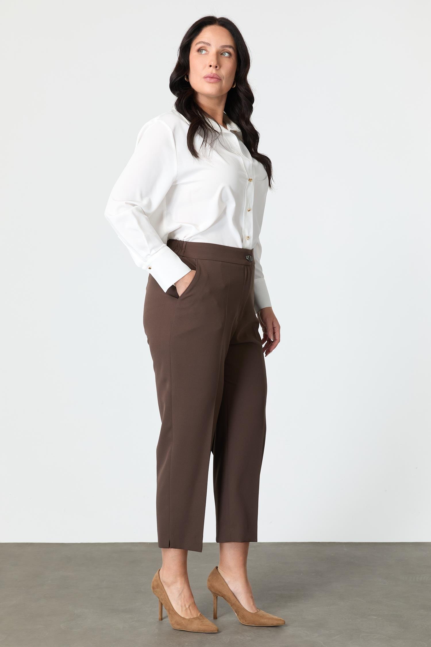 Büyük Beden Cepli Pantolon-KAHVE