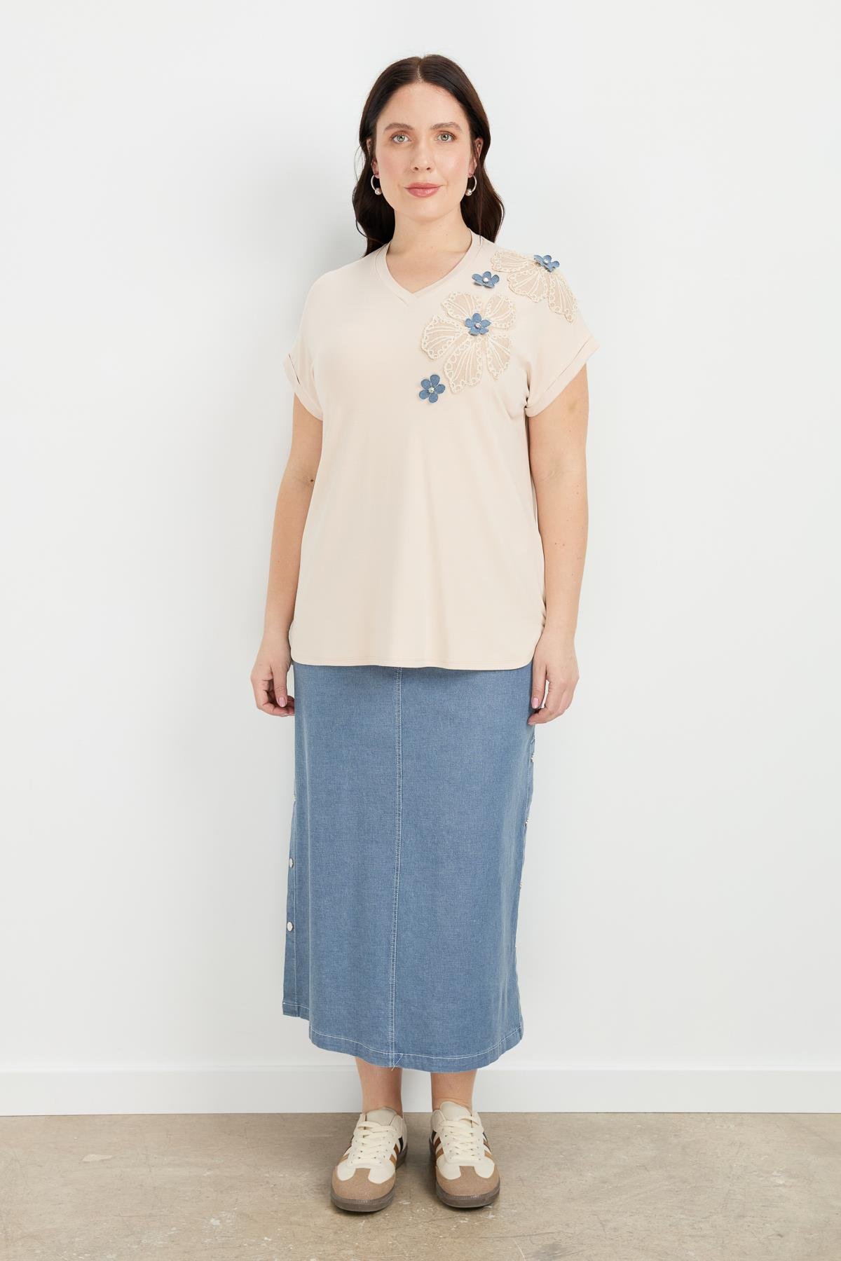 Büyük Beden Çiçek Baskı Penye Bluz-BEJ