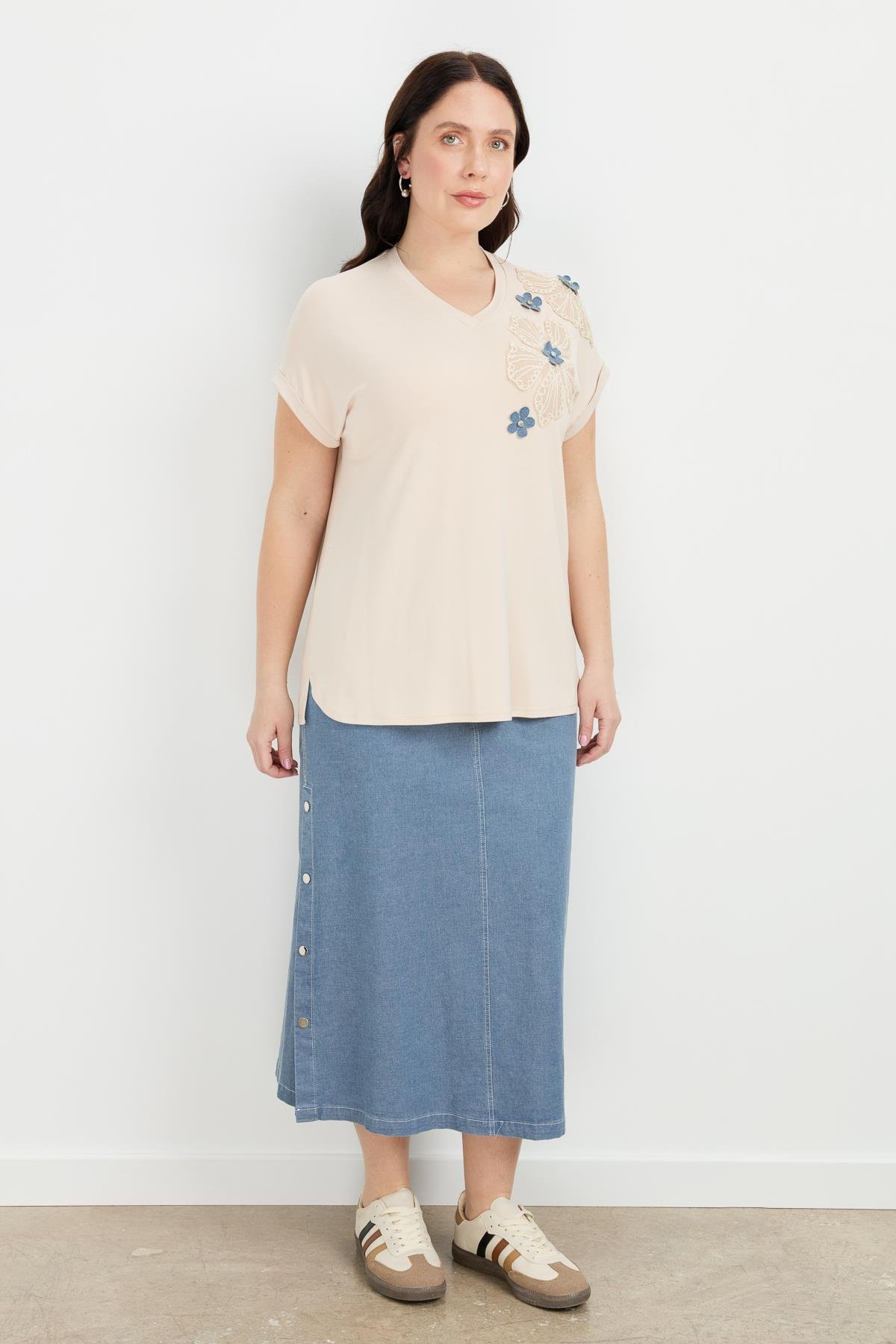 Büyük Beden Çiçek Baskı Penye Bluz-BEJ