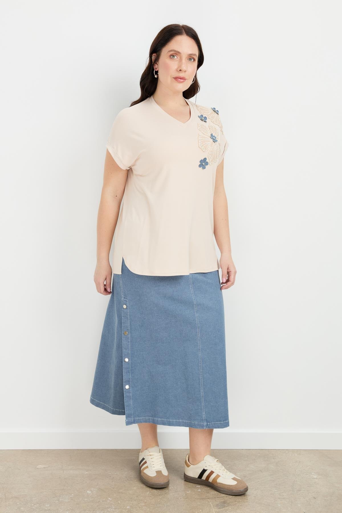 Büyük Beden Çiçek Baskı Penye Bluz-BEJ