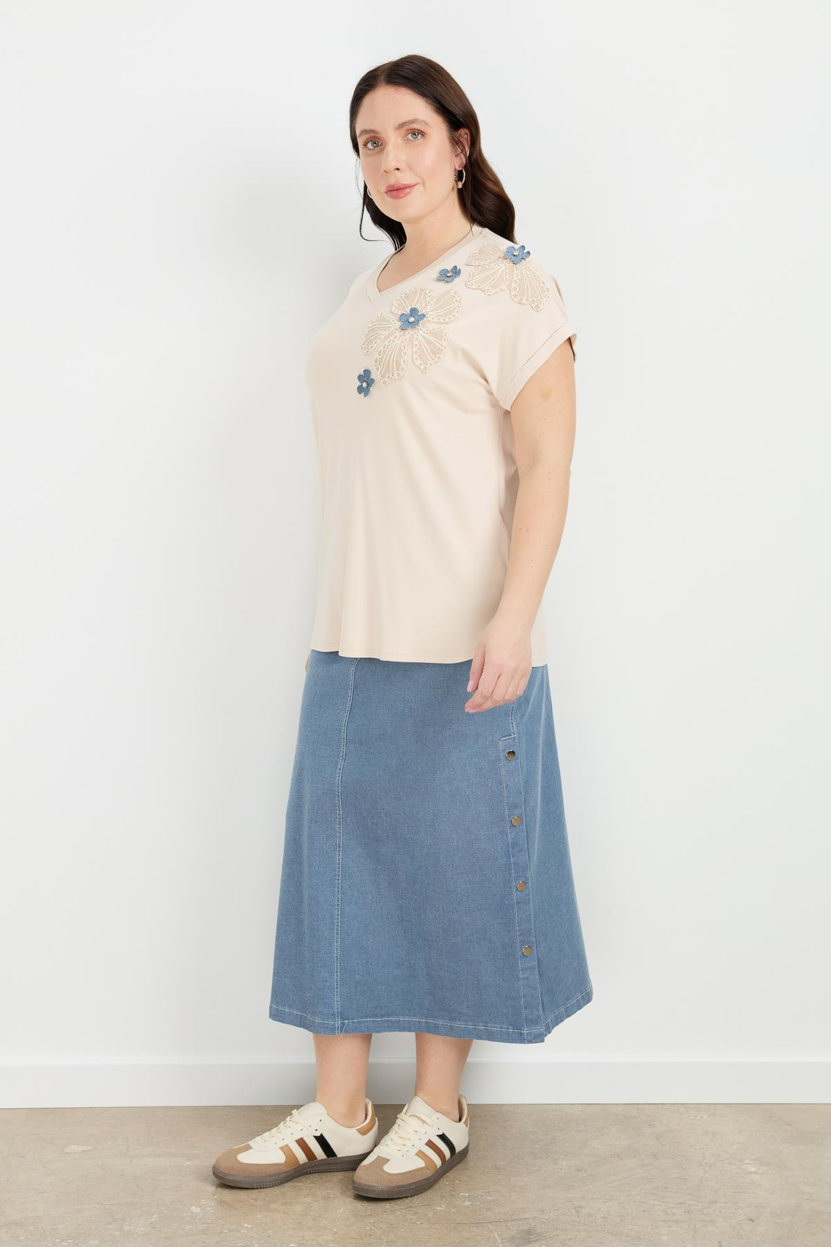 Büyük Beden Çiçek Baskı Penye Bluz-BEJ