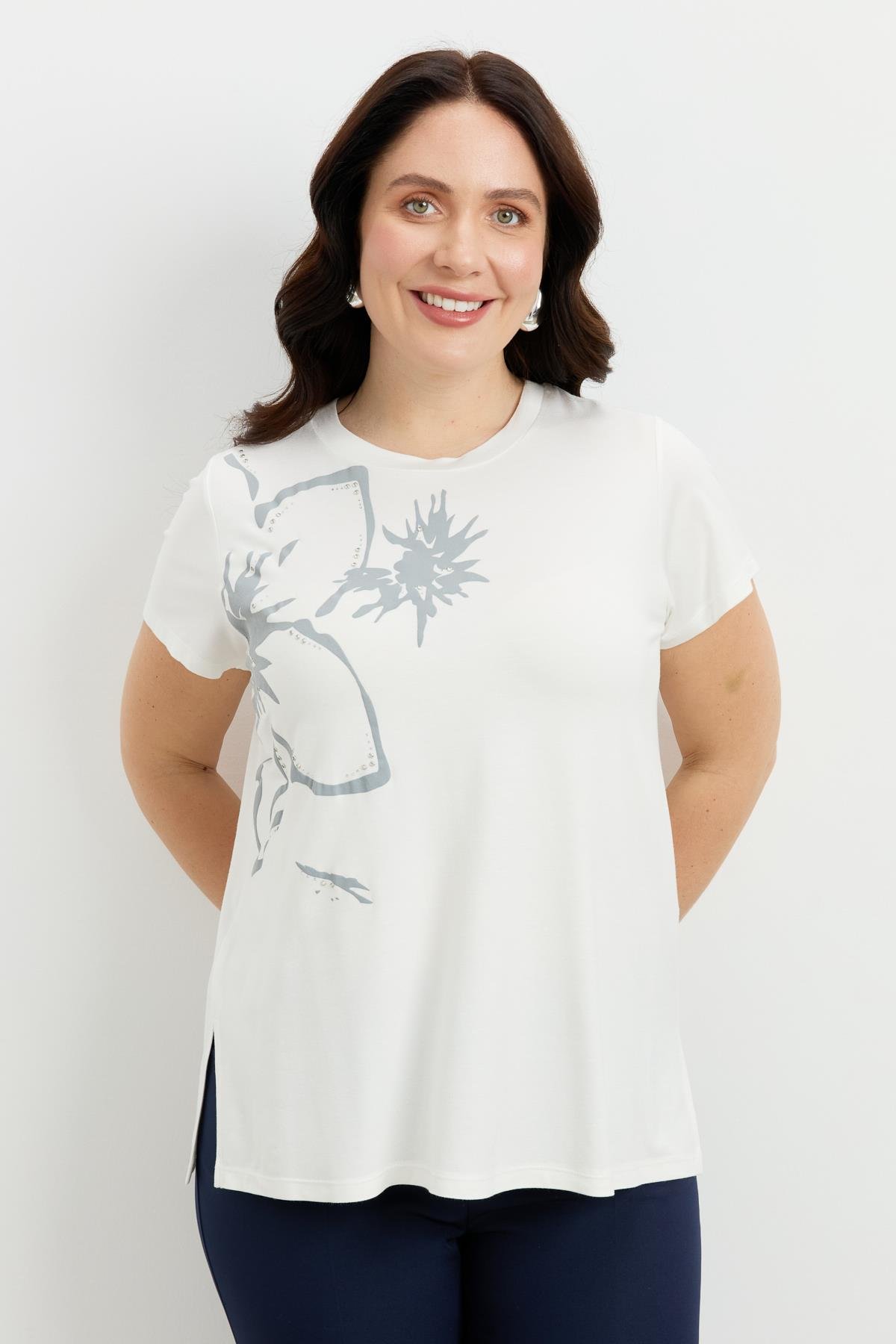 Büyük Beden Çiçek Baskılı Bluz-GRİ