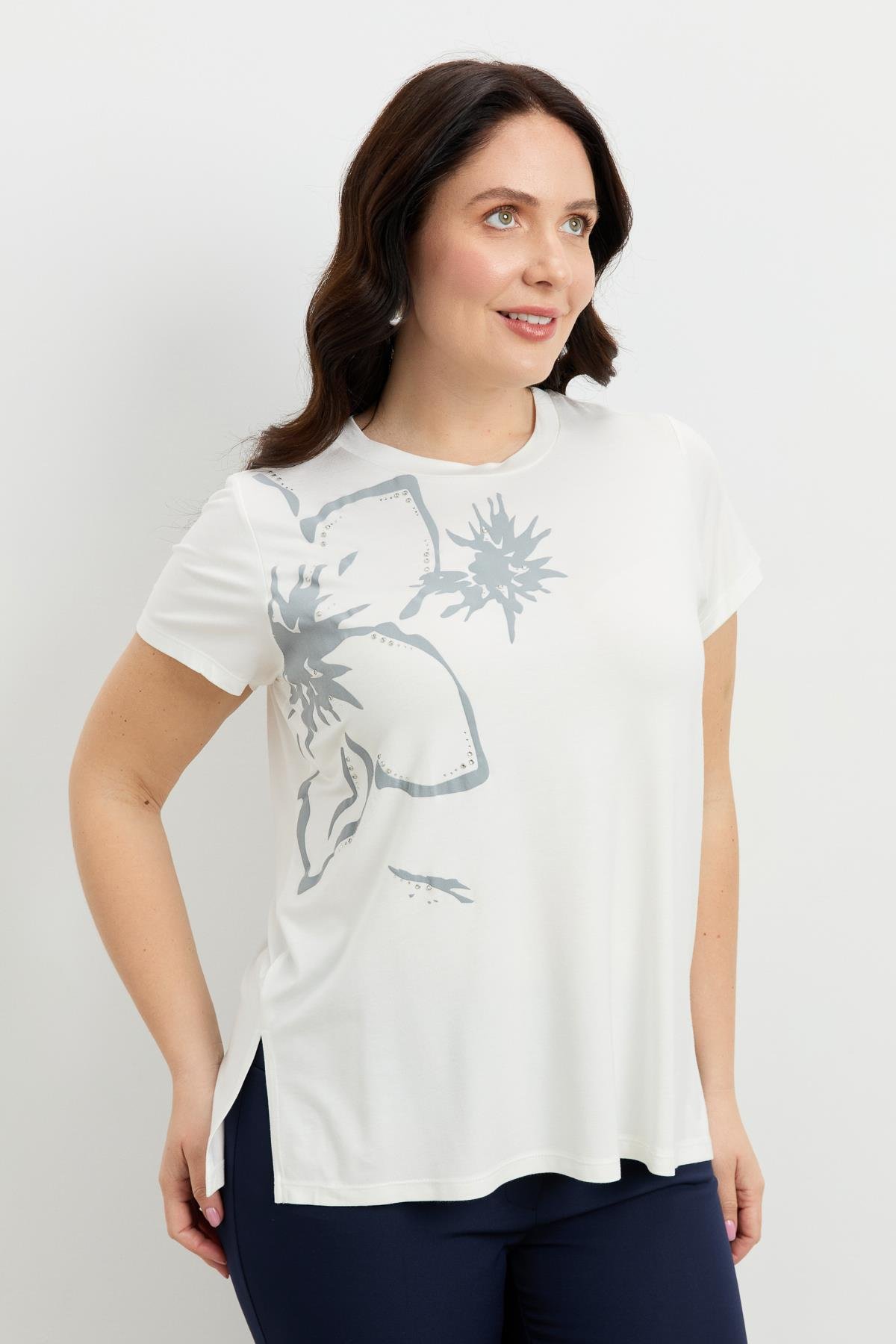 Büyük Beden Çiçek Baskılı Bluz-GRİ