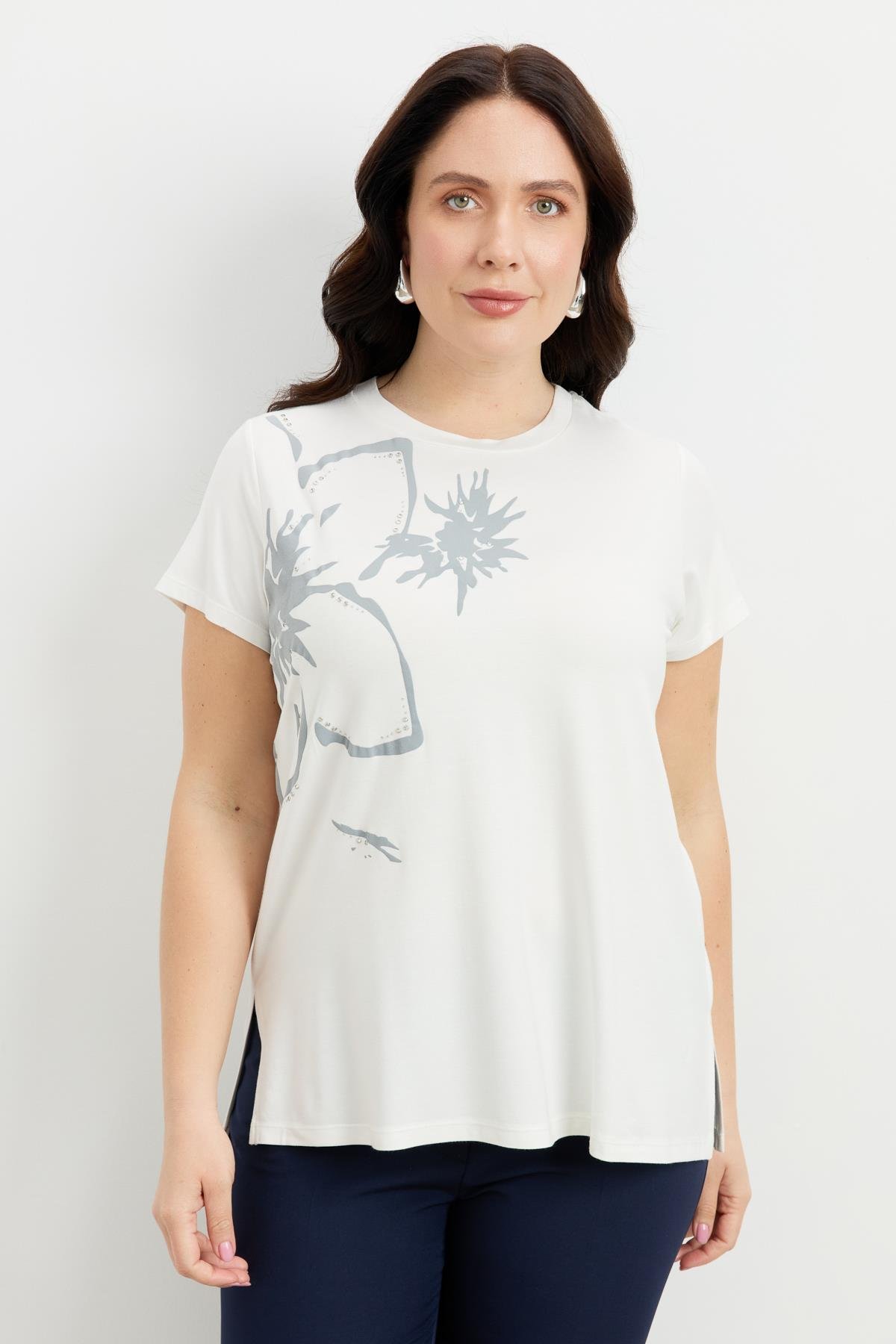 Büyük Beden Çiçek Baskılı Bluz-GRİ