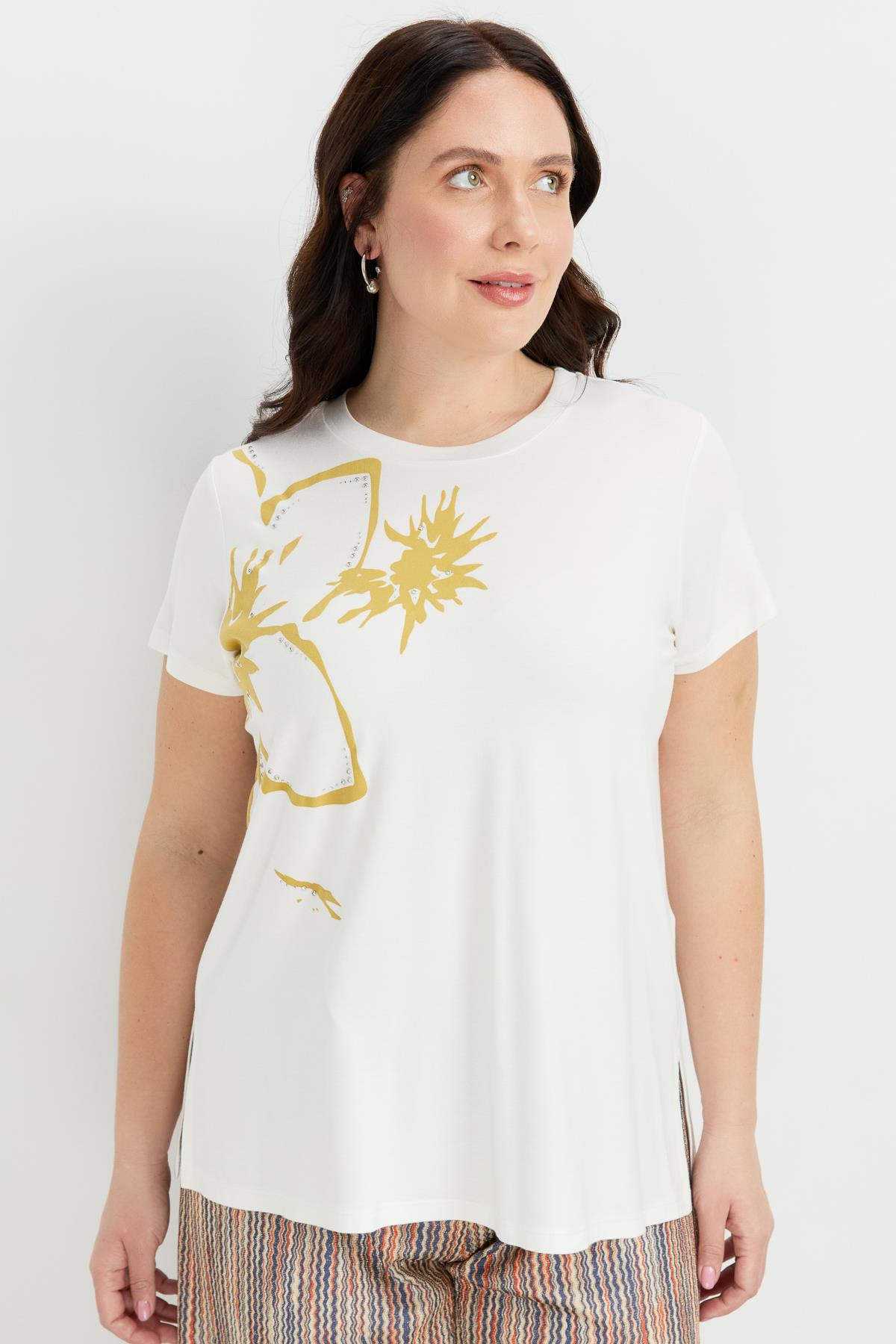 Büyük Beden Çiçek Baskılı Bluz-SARI