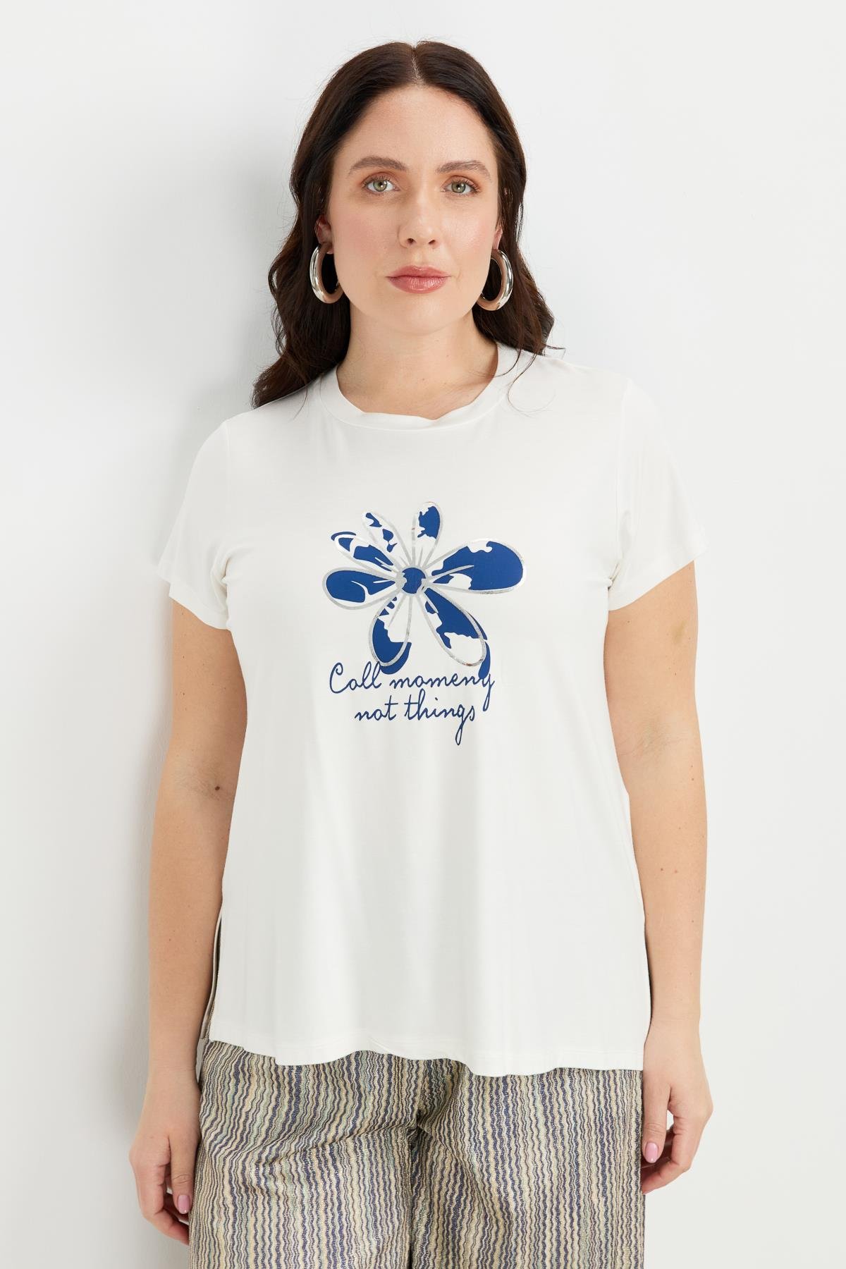 Büyük Beden Çiçek Desen Bluz-KEMIK