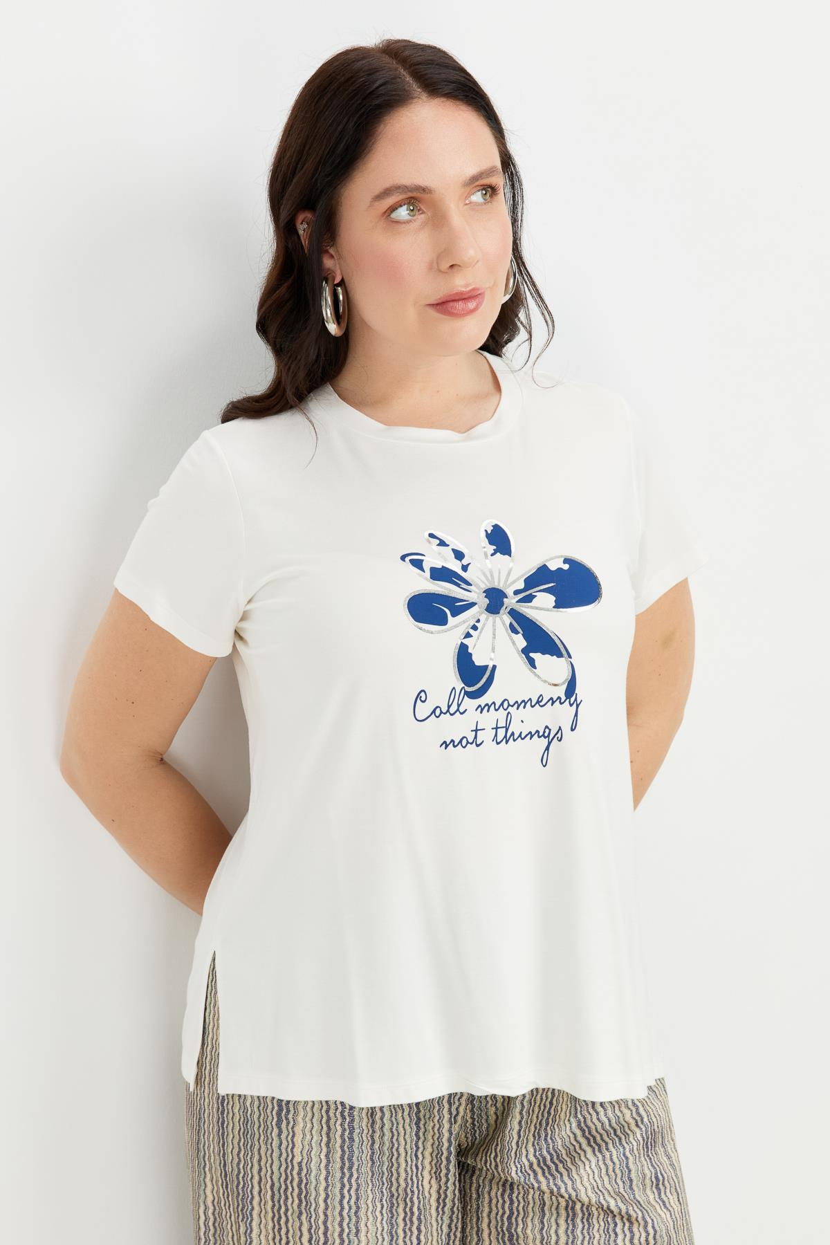 Büyük Beden Çiçek Desen Bluz-KEMIK