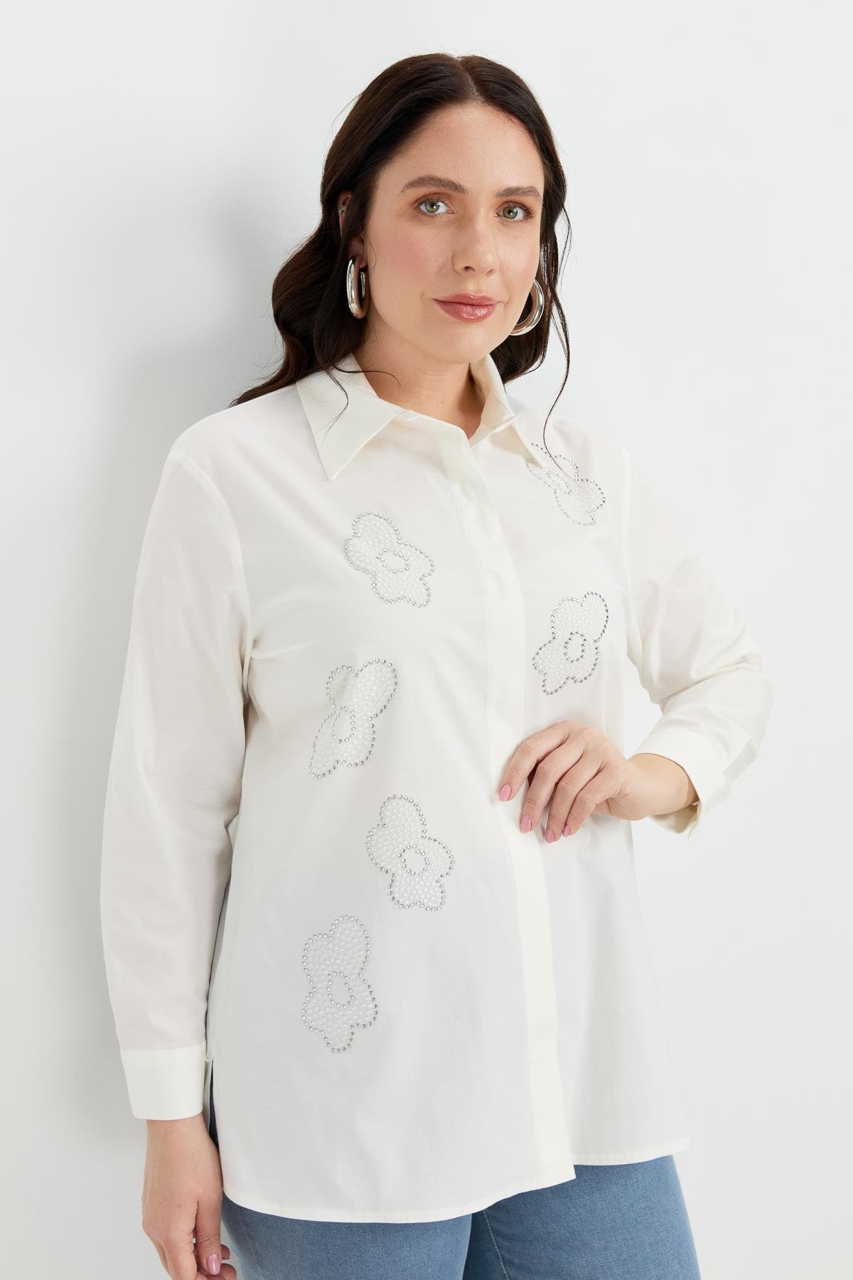 Büyük Beden Çiçek Desenli Gömlek-KEMIK