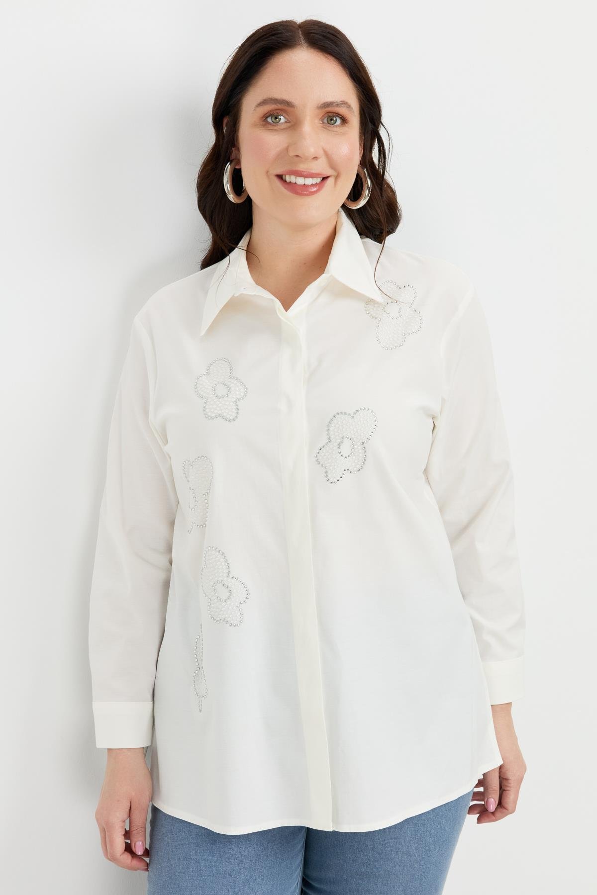 Büyük Beden Çiçek Desenli Gömlek-KEMIK