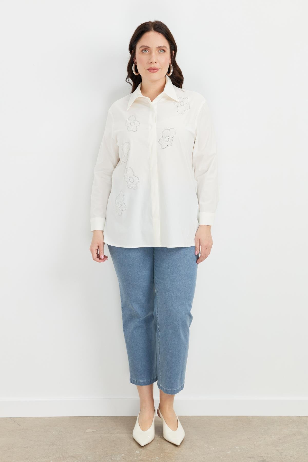 Büyük Beden Çiçek Desenli Gömlek-KEMIK