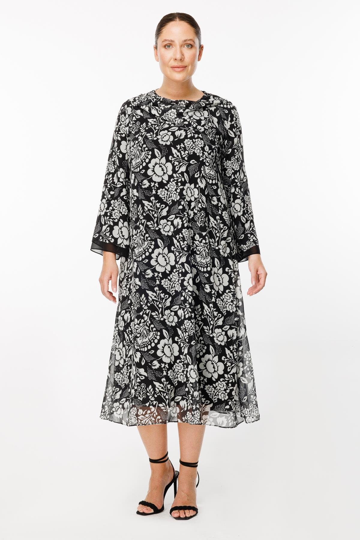 Büyük Beden Çiçek Desenli Şifon Elbise - SİYAH