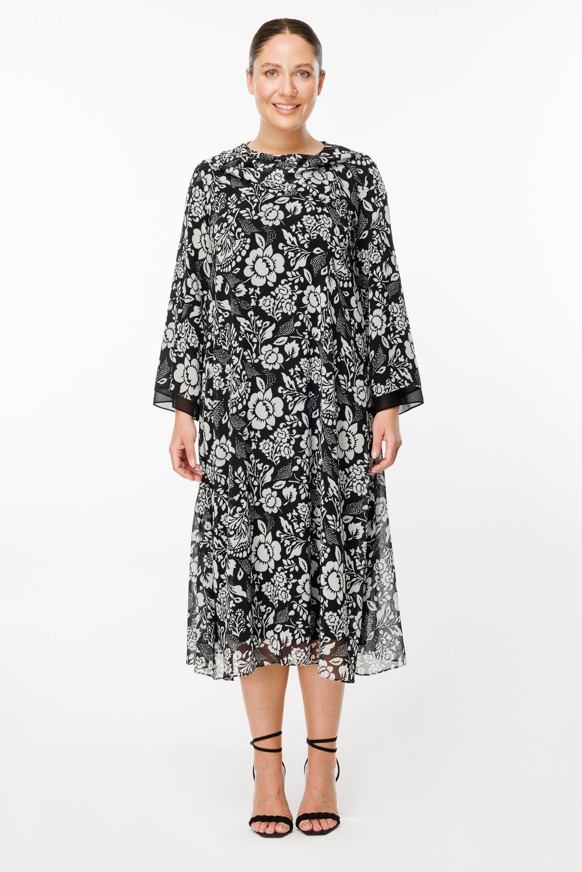 Büyük Beden Çiçek Desenli Şifon Elbise - SİYAH