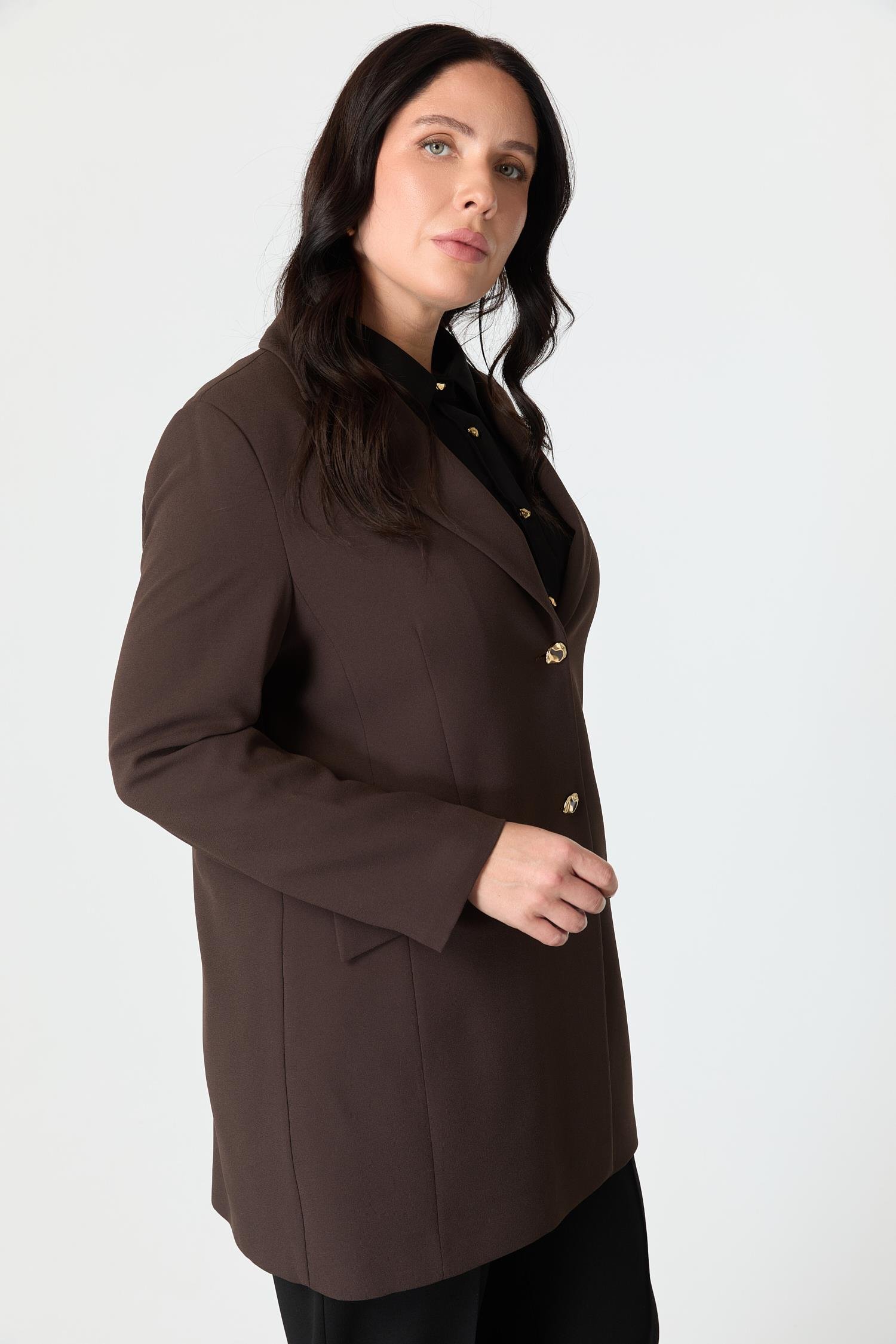 Büyük Beden Çift Düğmeli Krep Ceket-KAHVE