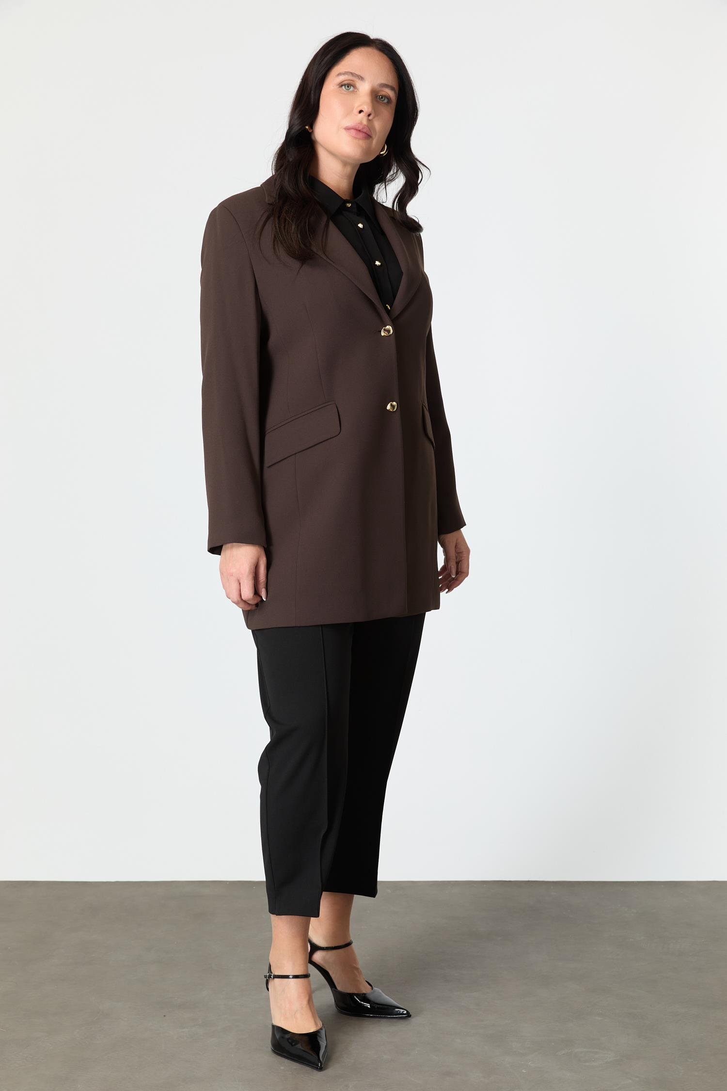 Büyük Beden Çift Düğmeli Krep Ceket-KAHVE