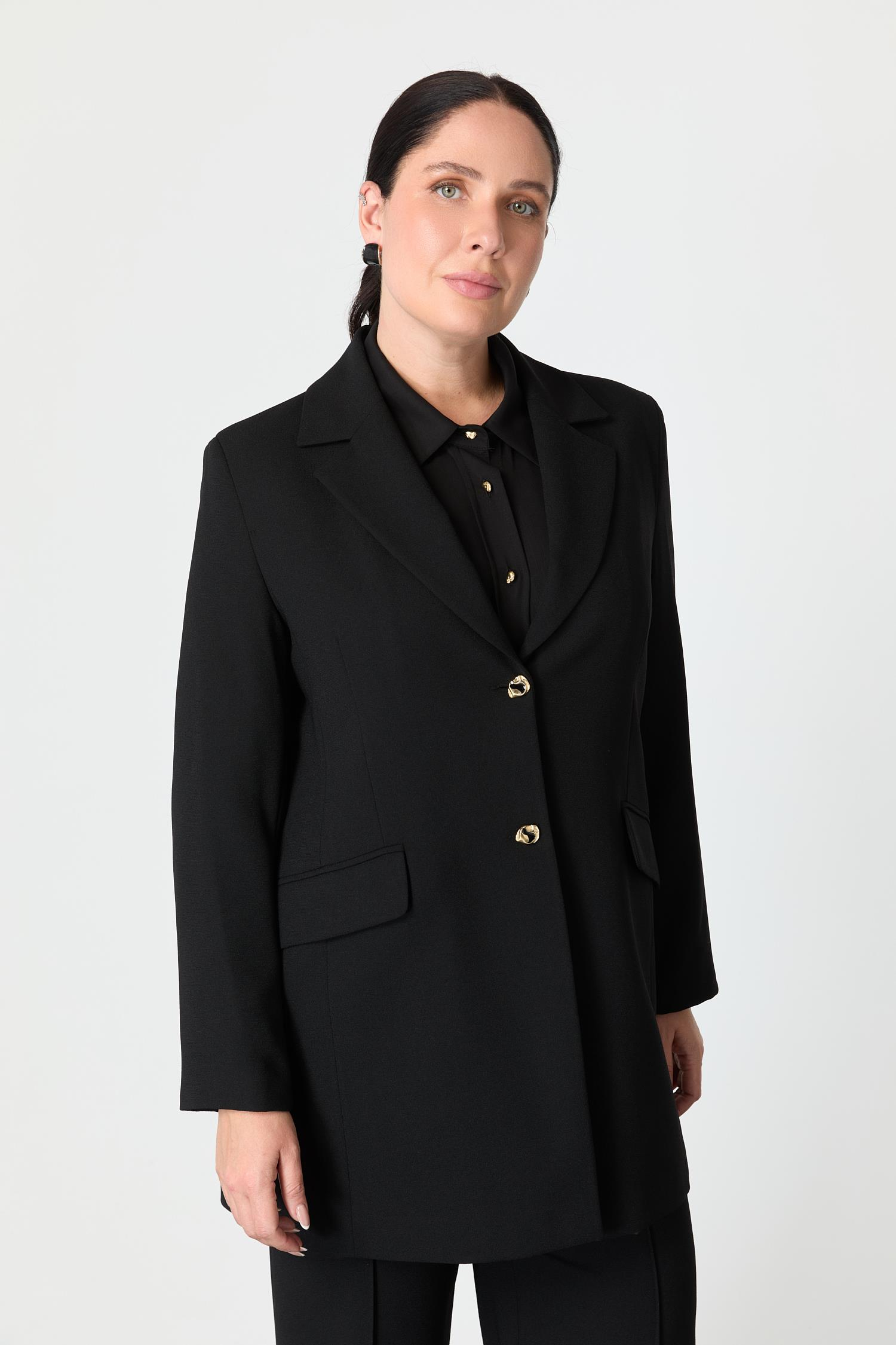 Büyük Beden Çift Düğmeli Krep Ceket-SİYAH