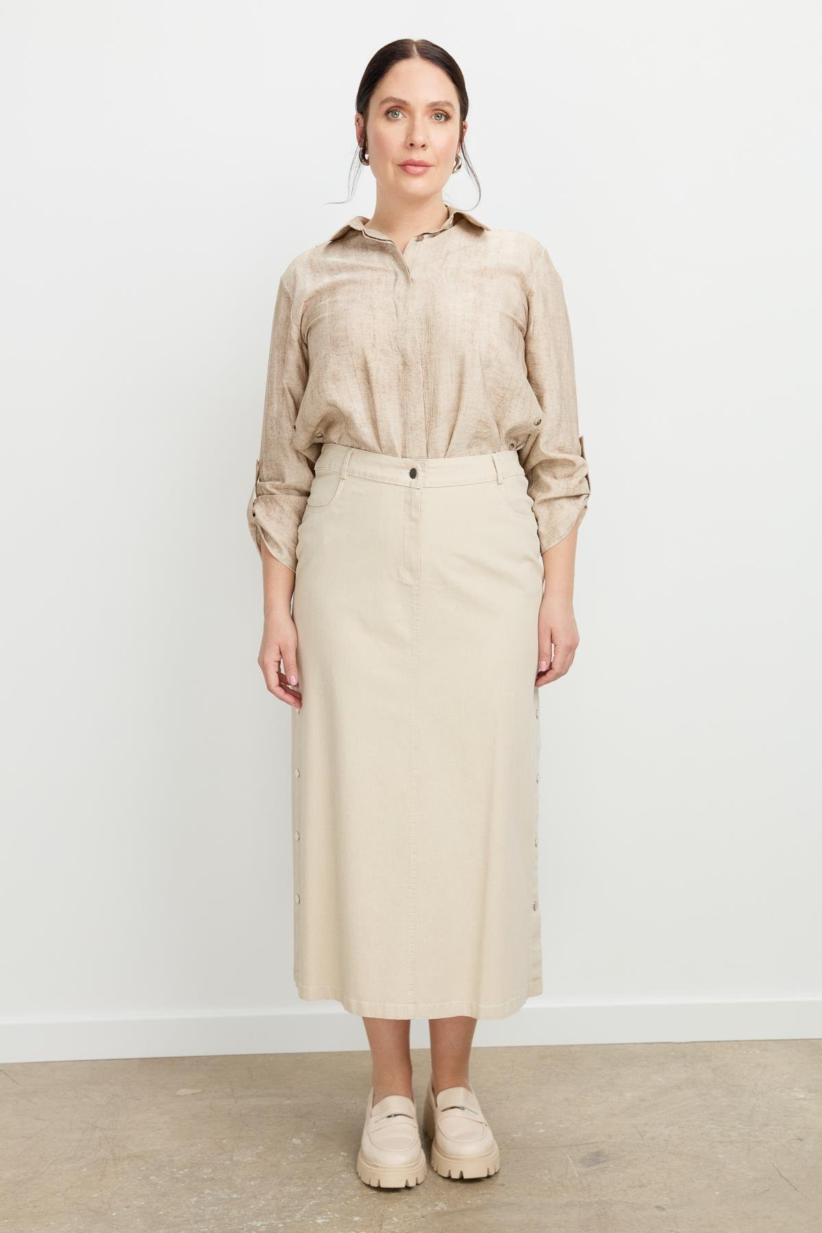 Büyük Beden Çıtçıt Detaylı Kot Etek-BEJ