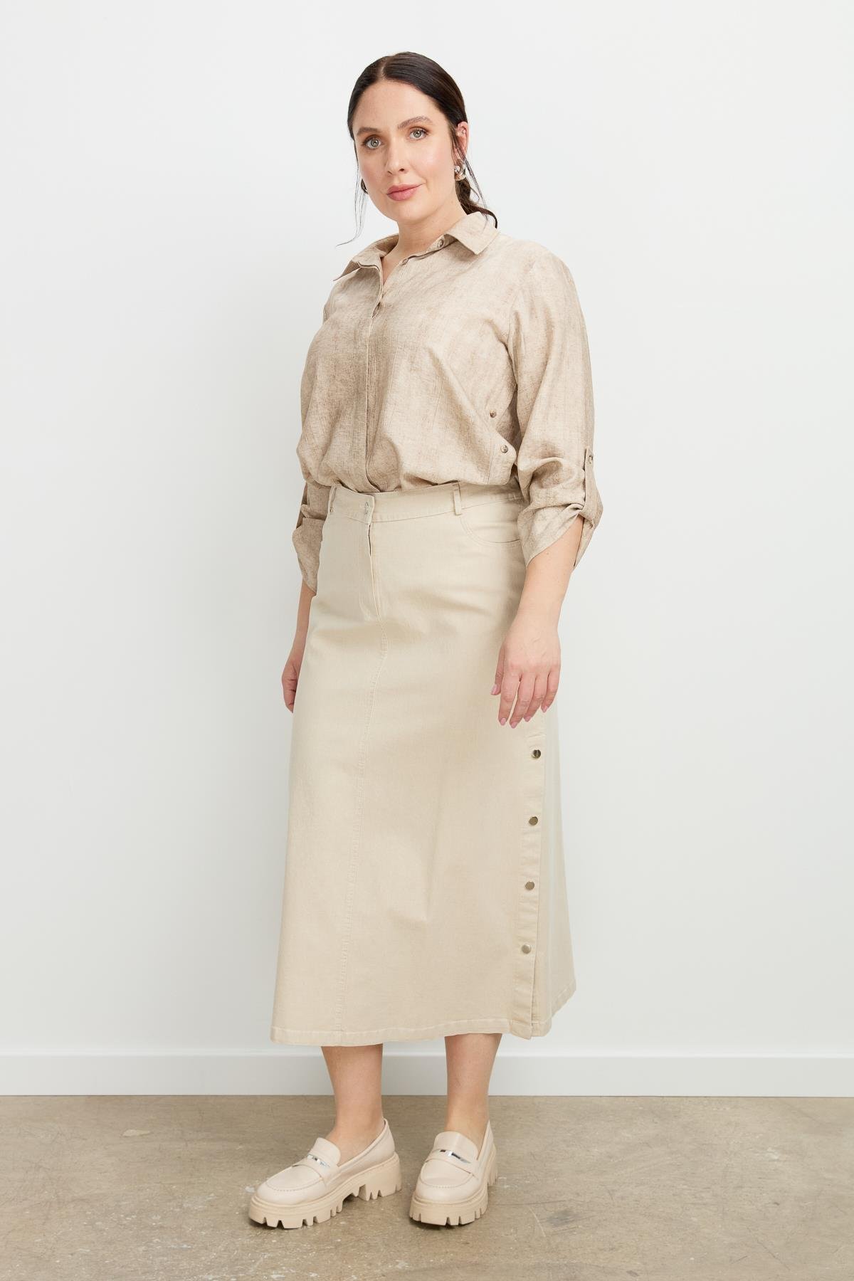 Büyük Beden Çıtçıt Detaylı Kot Etek-BEJ