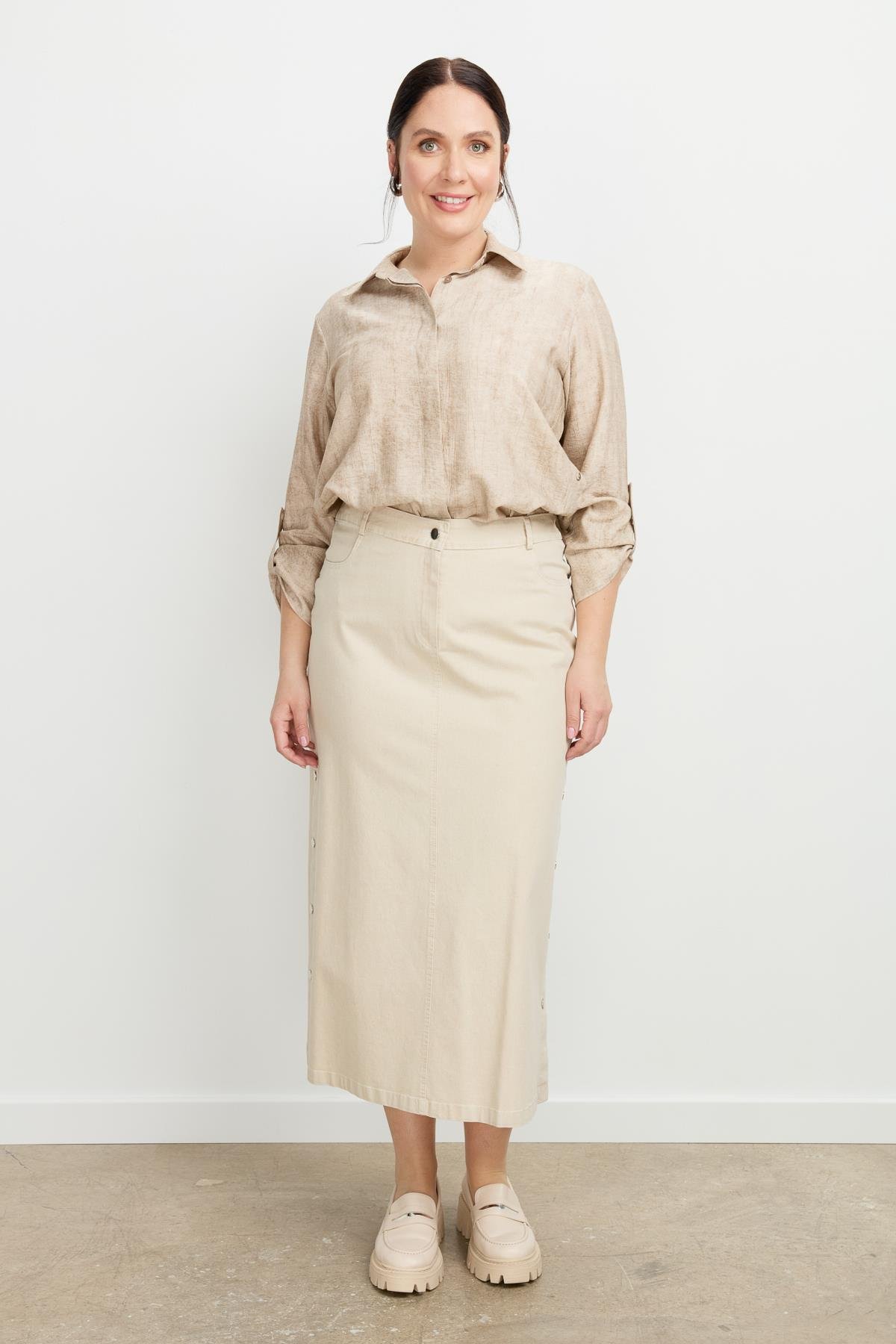 Büyük Beden Çıtçıt Detaylı Kot Etek-BEJ