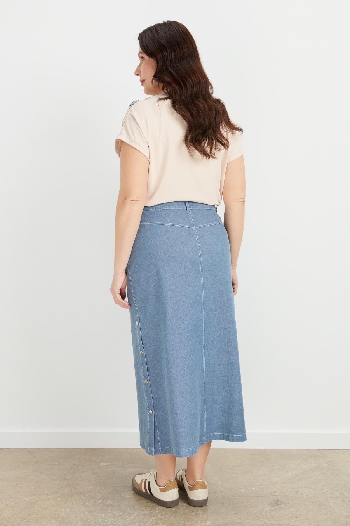 Büyük Beden Çıtçıt Detaylı Kot Etek-MAVİ