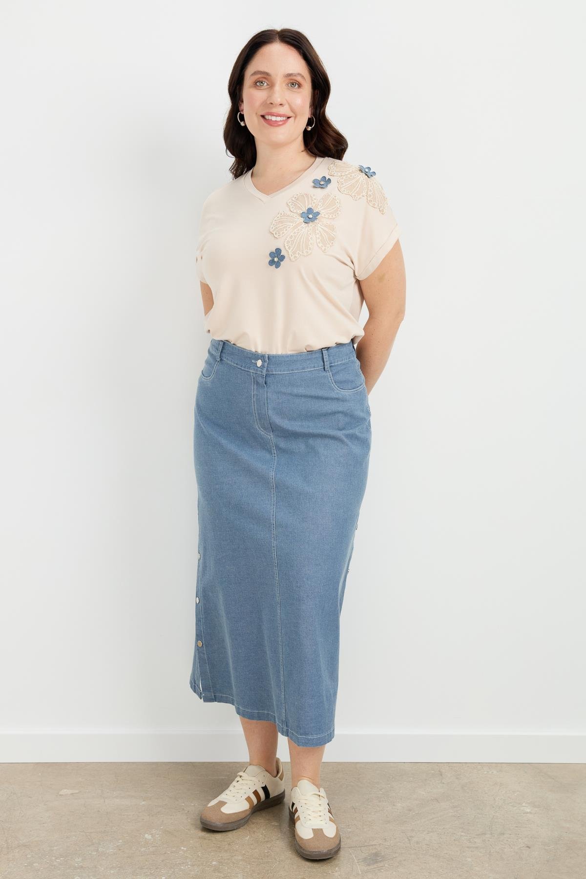 Büyük Beden Çıtçıt Detaylı Kot Etek-MAVİ