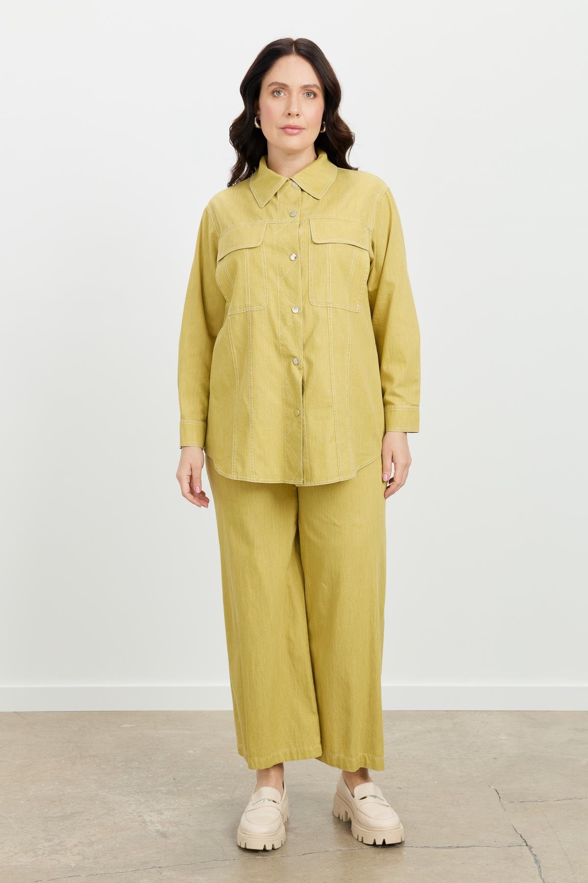 Büyük Beden Çıtçıt Düğme Kot Gömlek-SARI