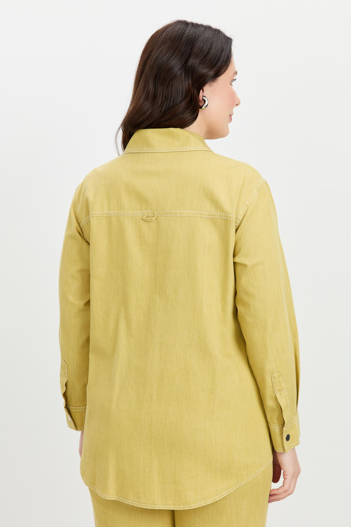 Büyük Beden Çıtçıt Düğme Kot Gömlek-SARI