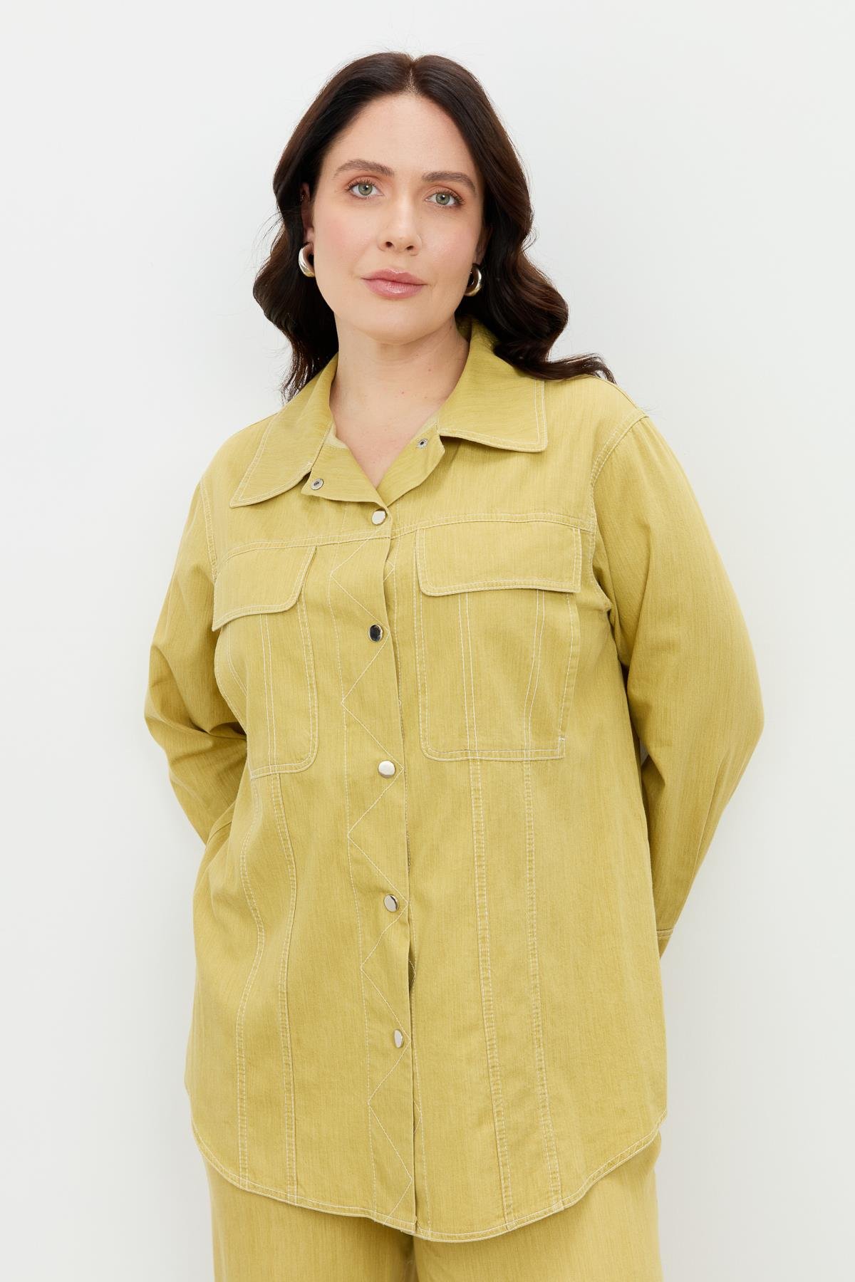 Büyük Beden Çıtçıt Düğme Kot Gömlek-SARI