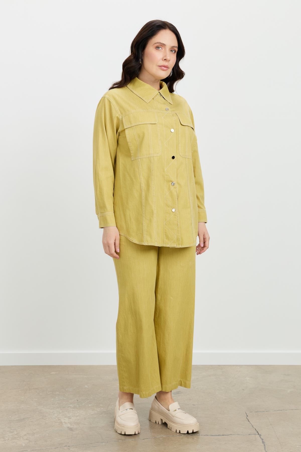 Büyük Beden Çıtçıt Düğme Kot Gömlek-SARI