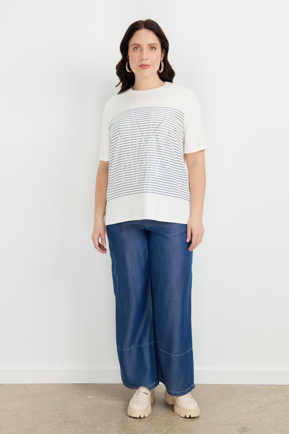 Büyük Beden Çizgi Desen Bluz-İNDİGO