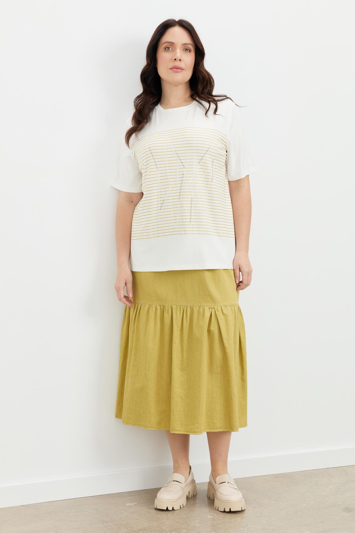 Büyük Beden Çizgi Desen Bluz-SAFRAN