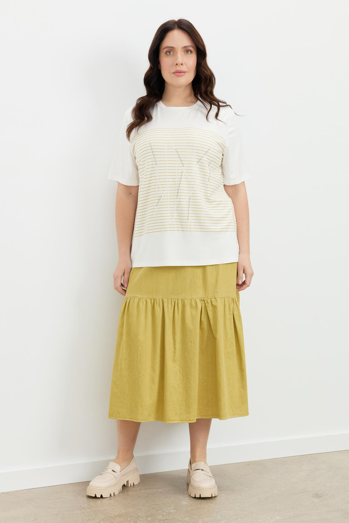 Büyük Beden Çizgi Desen Bluz-SAFRAN