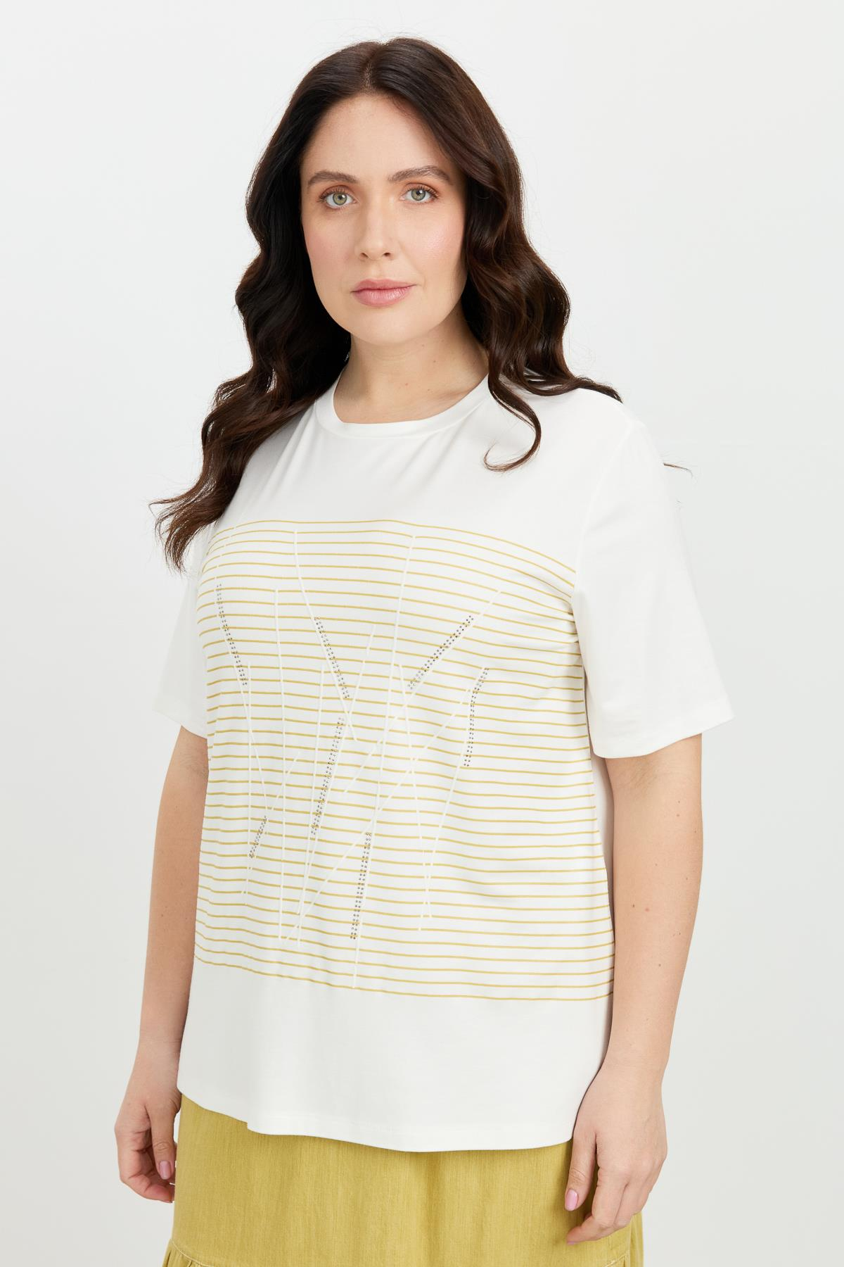 Büyük Beden Çizgi Desen Bluz-SAFRAN