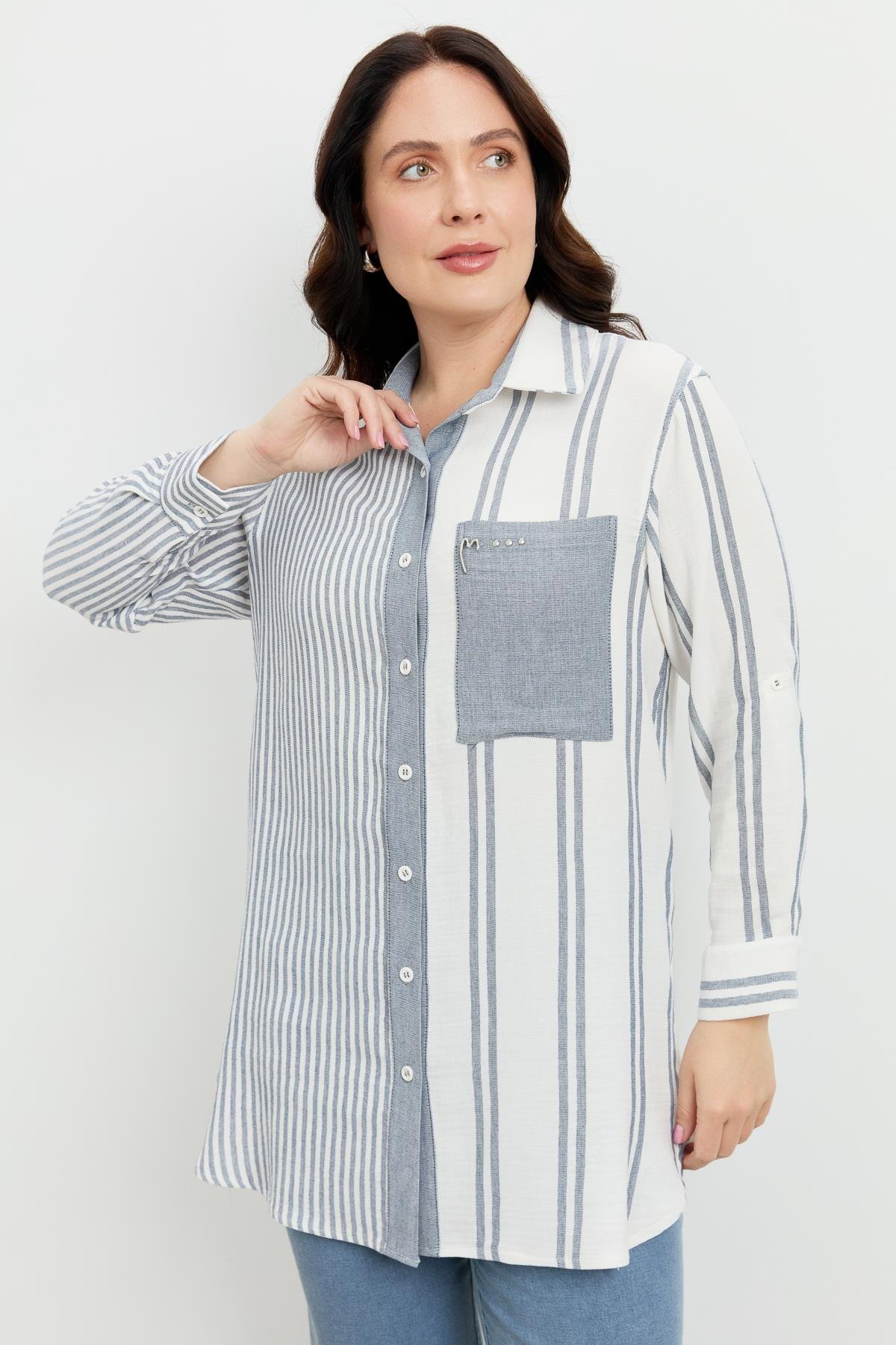 Büyük Beden Çizgi Desen Uzun Gömlek-MAVİ