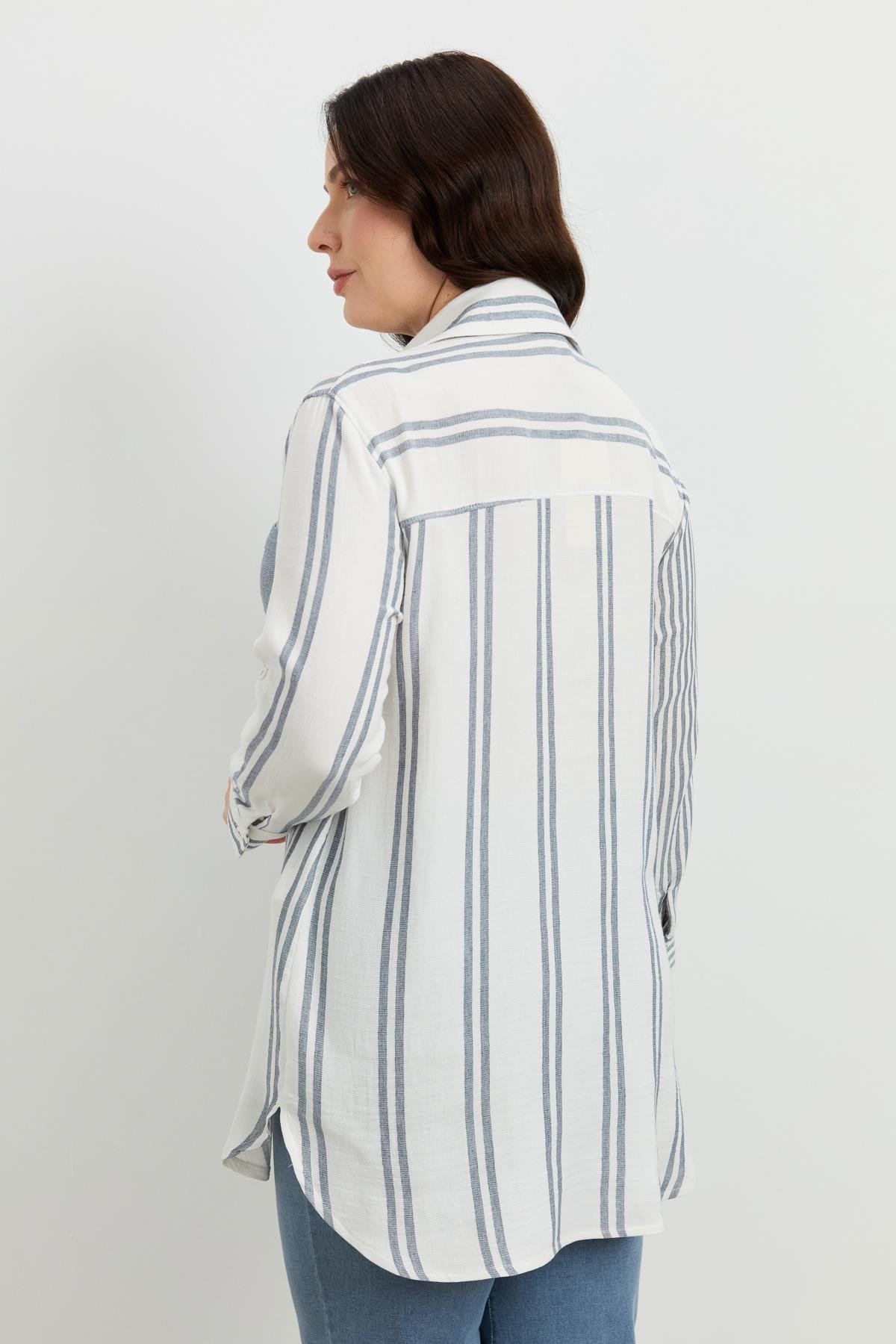 Büyük Beden Çizgi Desen Uzun Gömlek-MAVİ