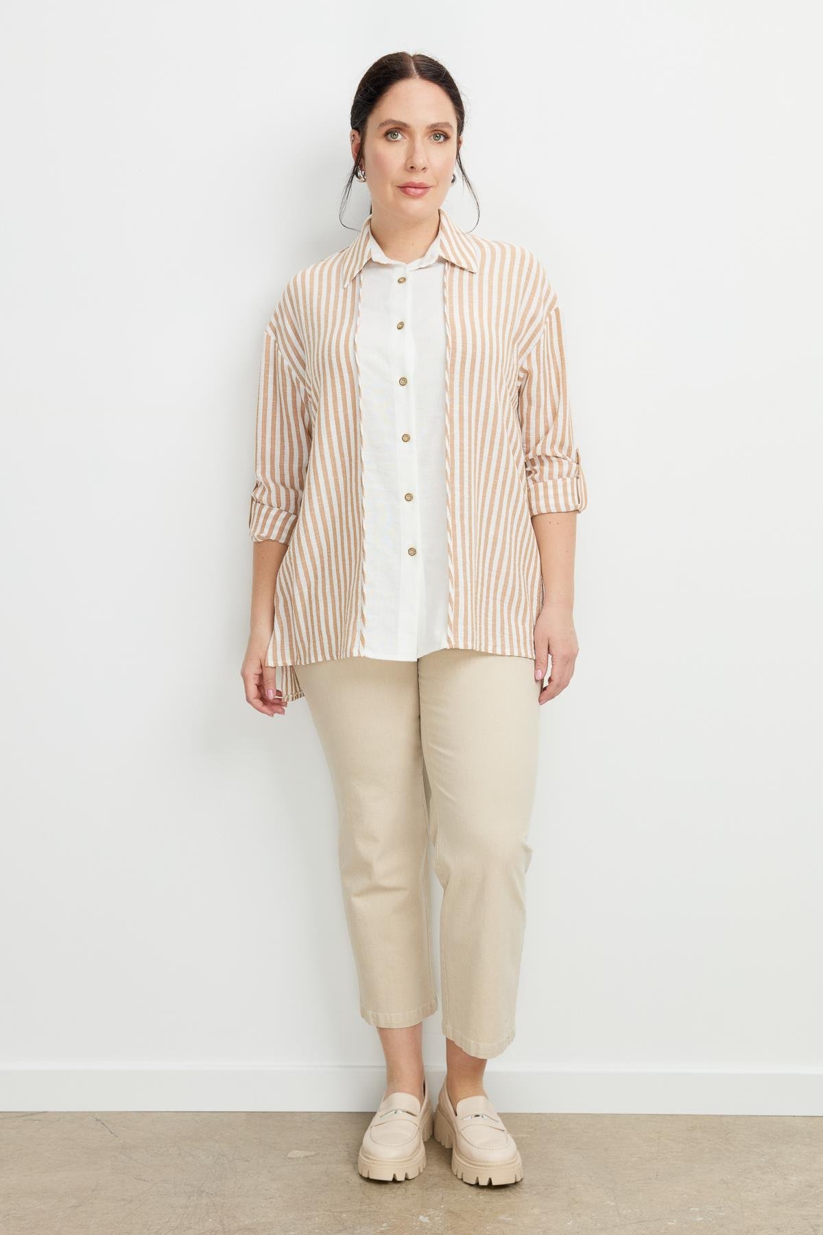 Büyük Beden Çizgi Detaylı Gömlek-CAMEL