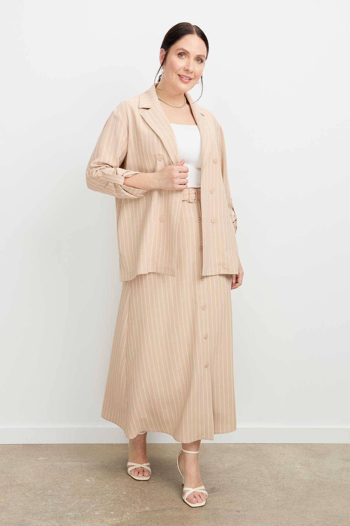 Büyük Beden Çizgili Linda Ceket-VİZON