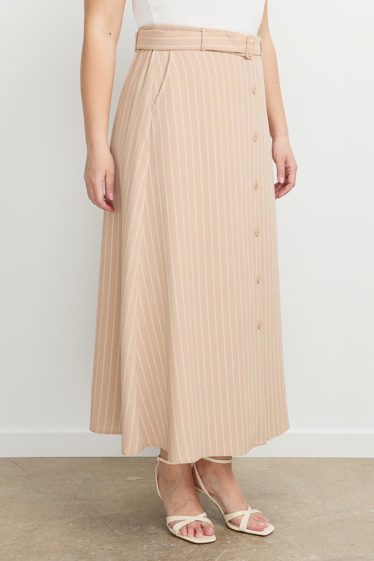 Büyük Beden Çizgili Linda etek-VİZON