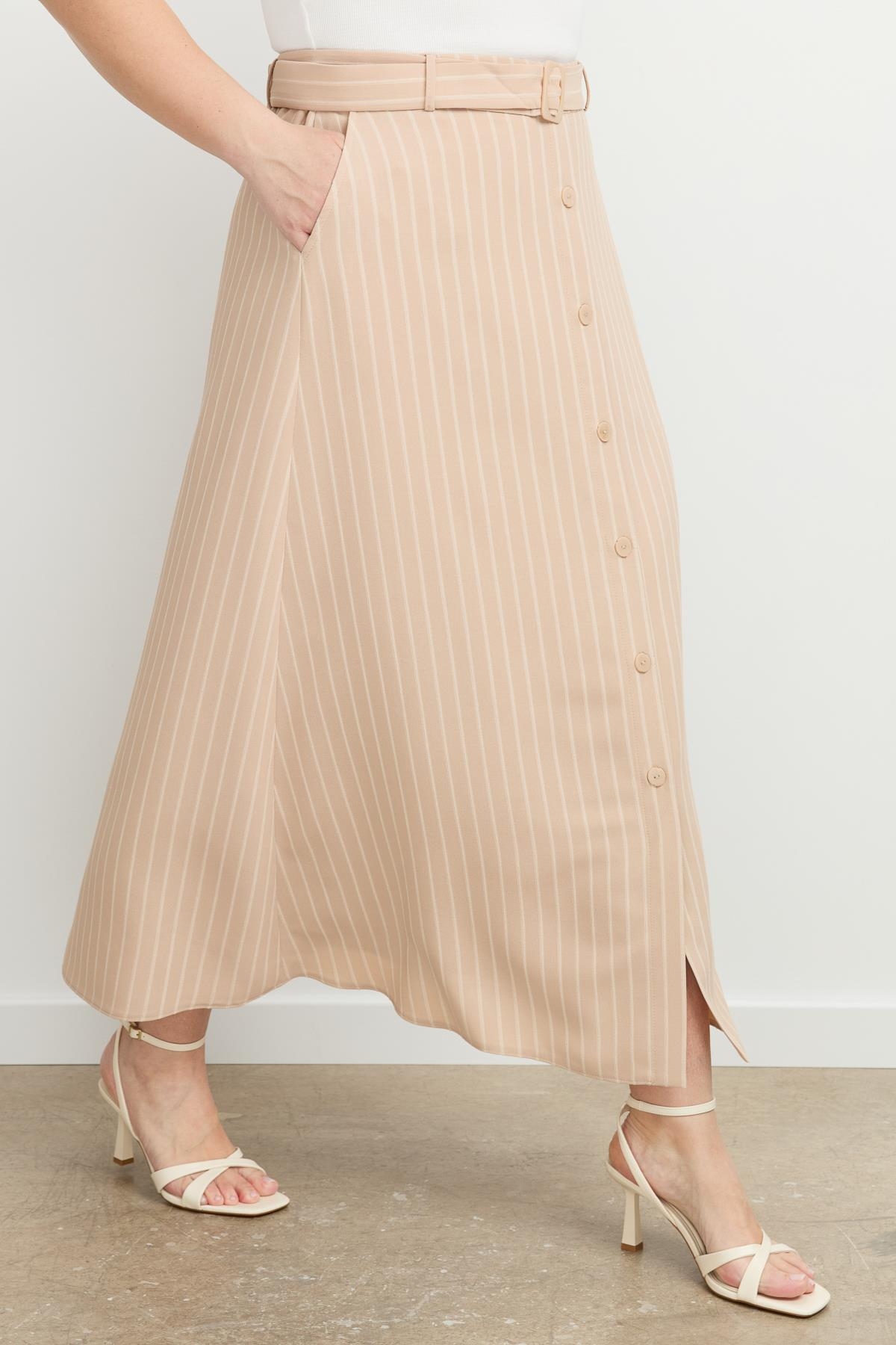 Büyük Beden Çizgili Linda etek-VİZON