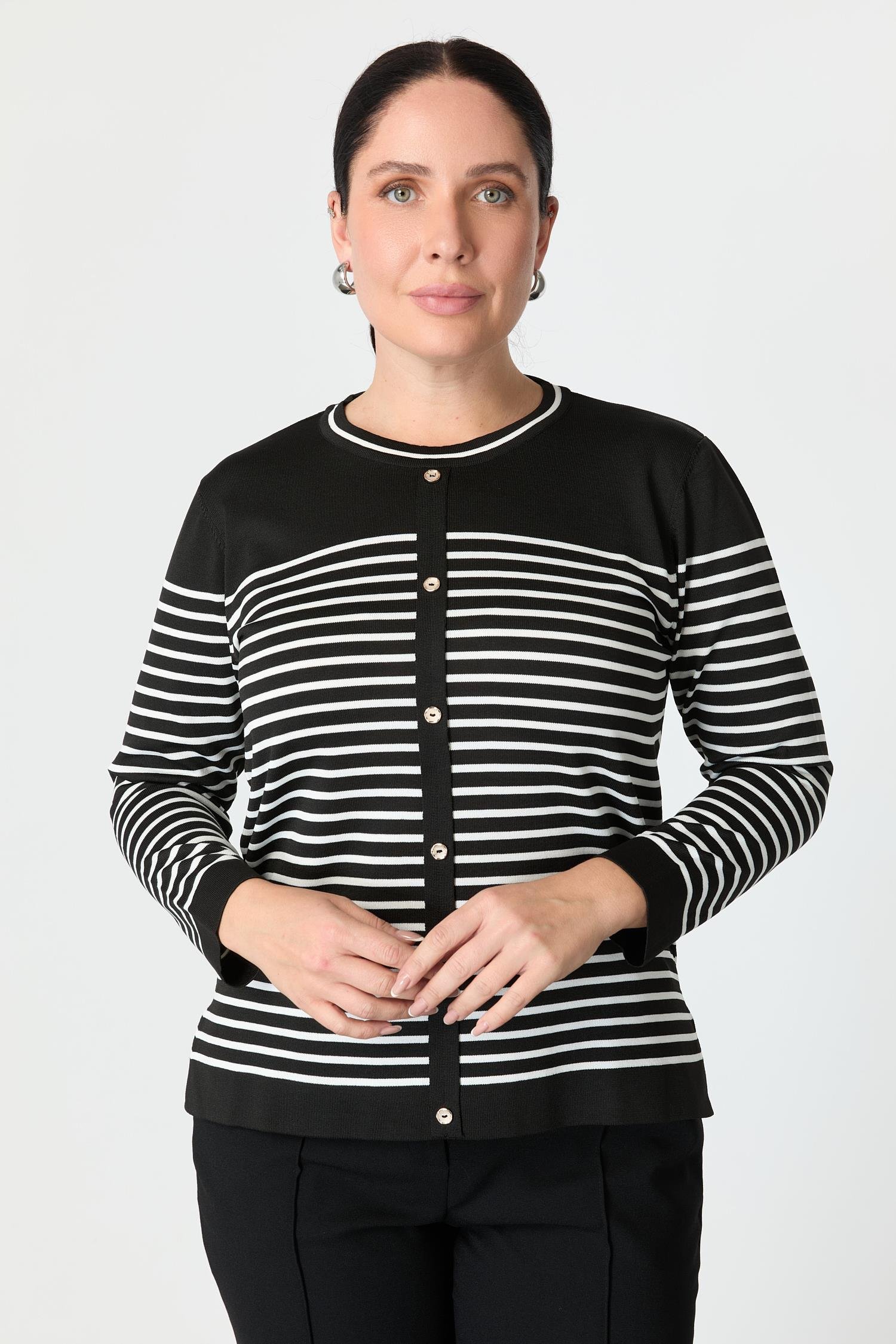 Büyük Beden Çizgili Triko Kazak-SİYAH