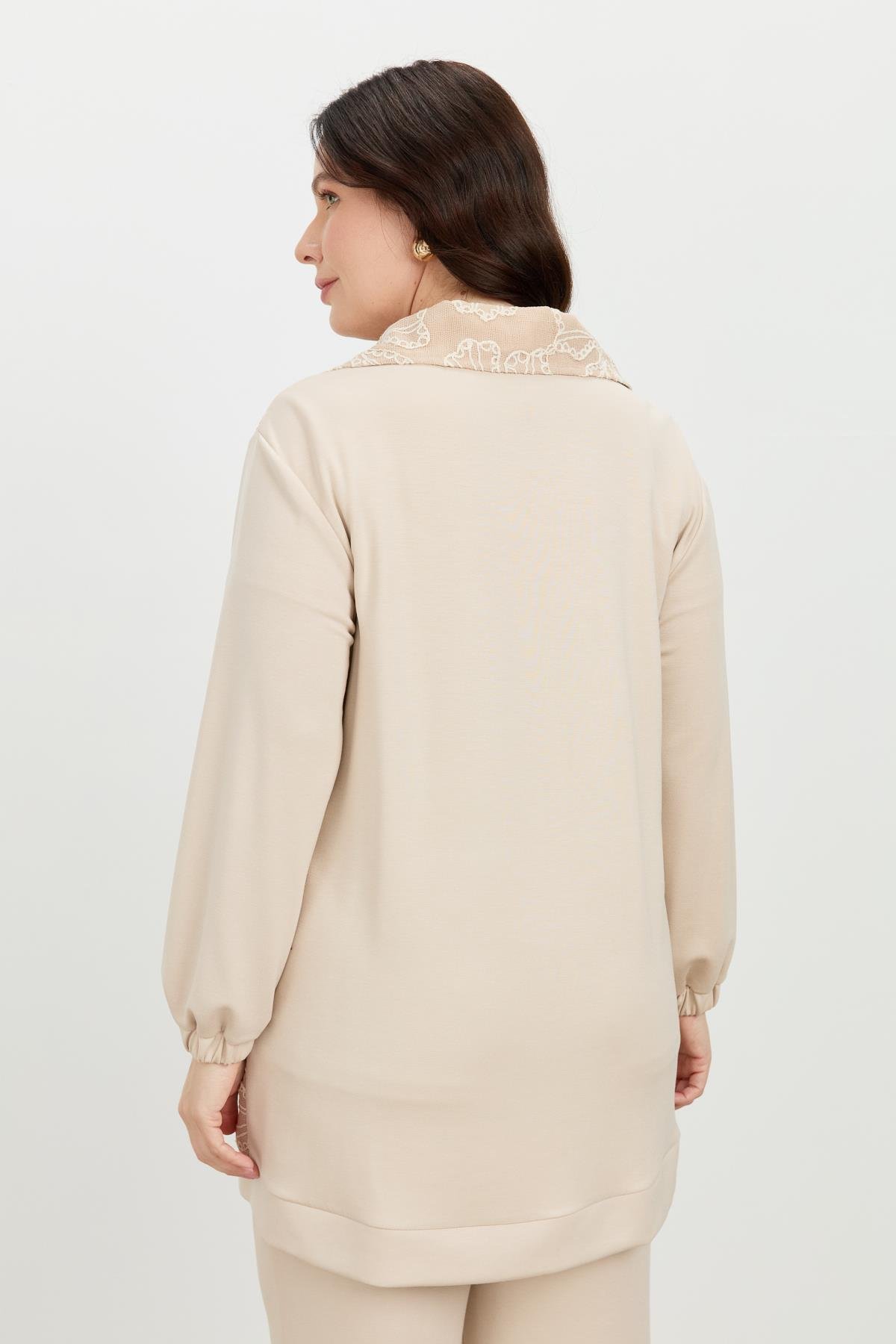 Büyük Beden Dantel Detay 2'li Takım-BEJ