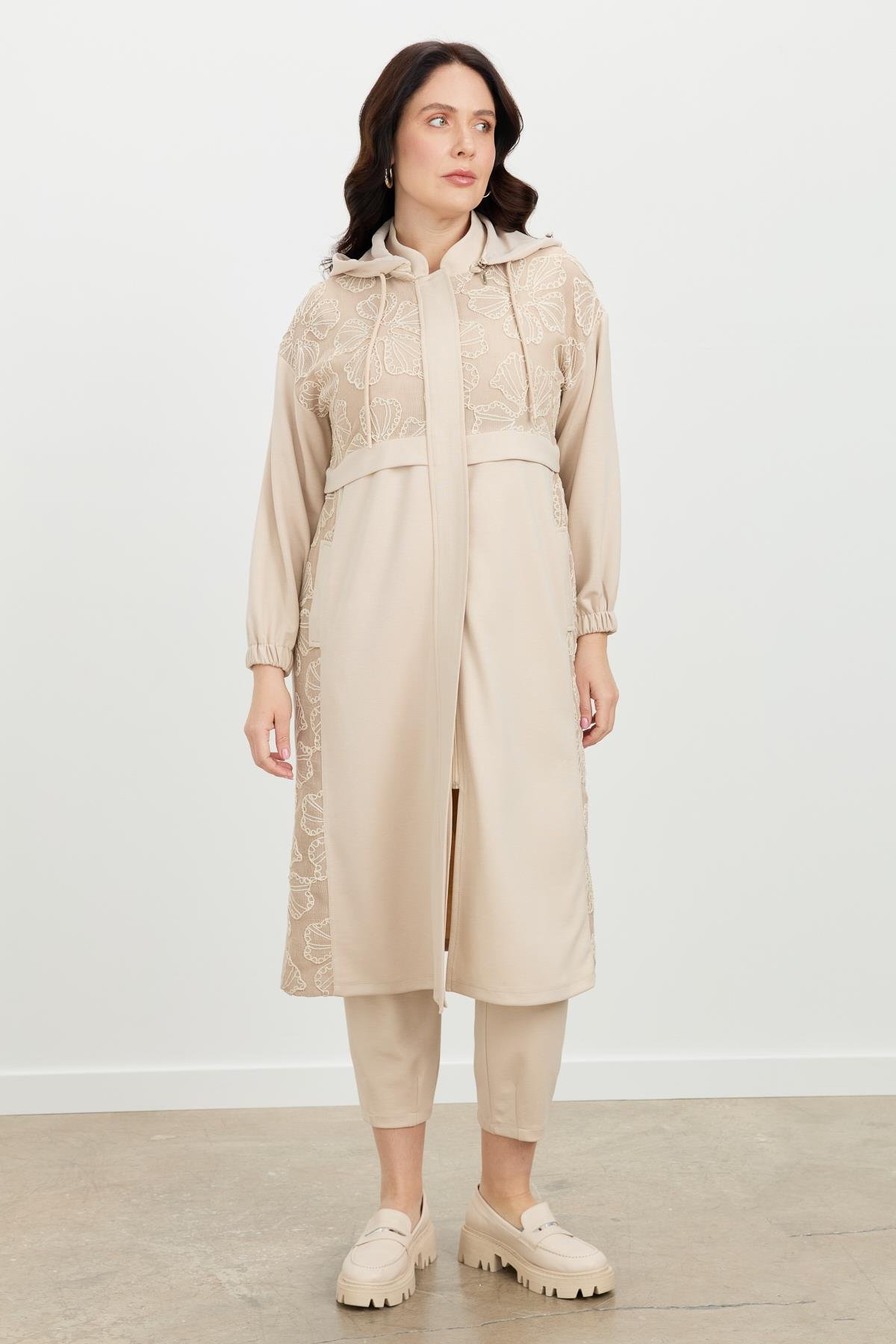 Büyük Beden Dantel Detay Tunik-BEJ