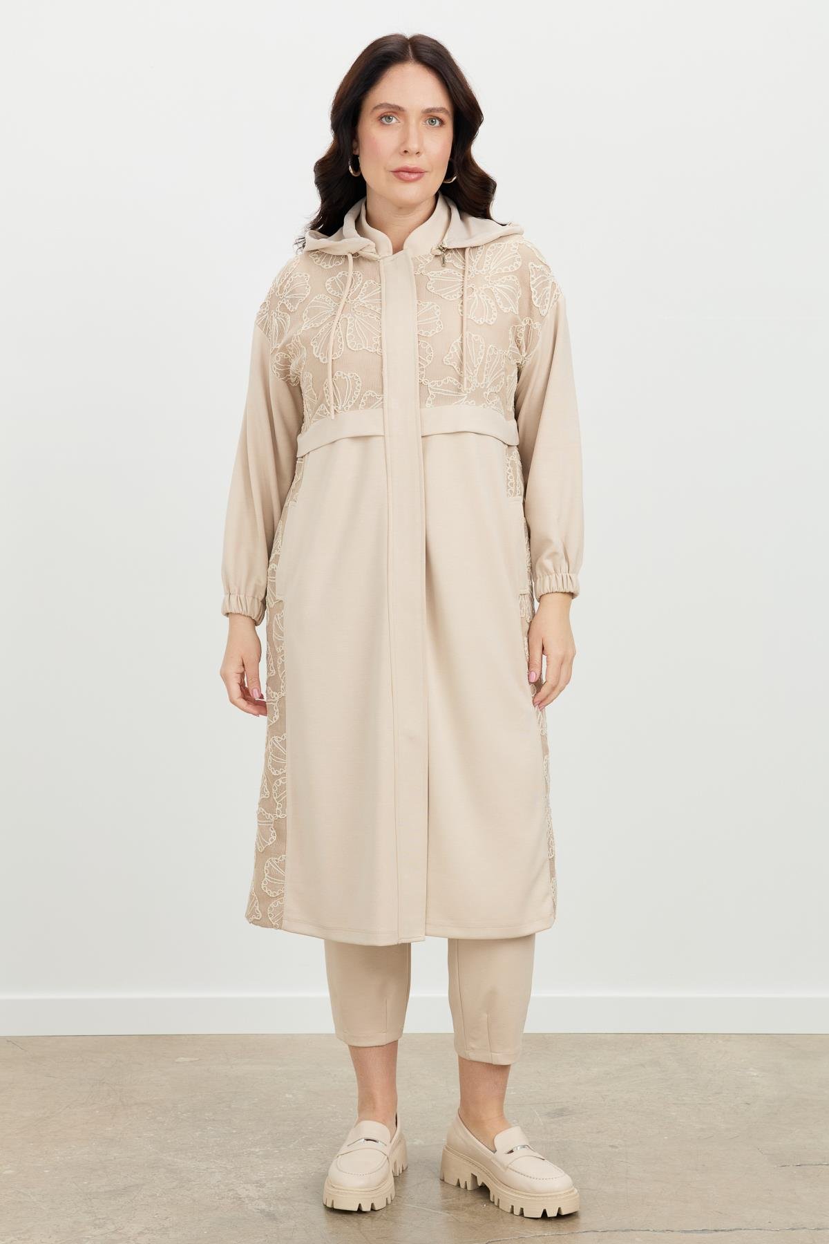 Büyük Beden Dantel Detay Tunik-BEJ