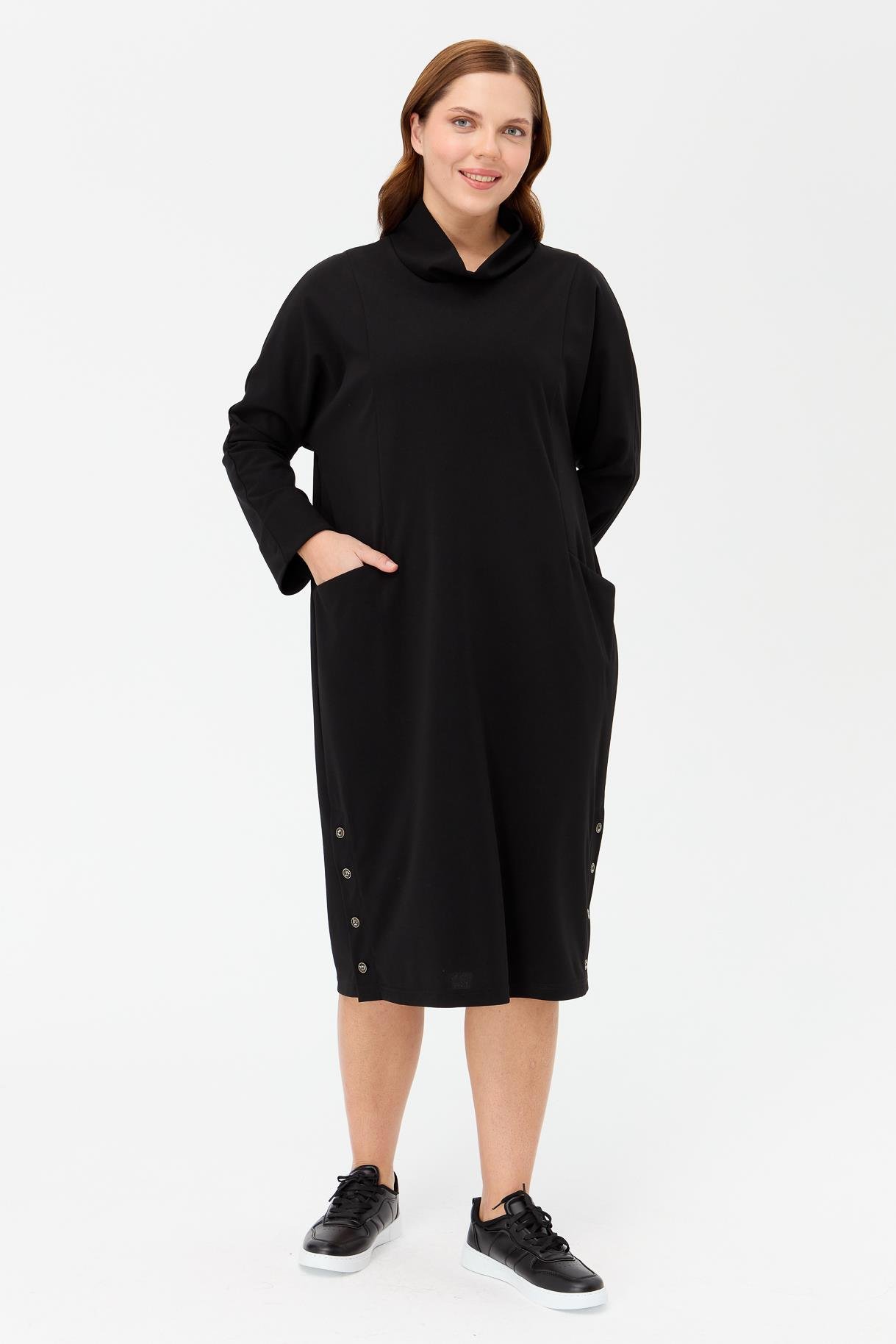Büyük Beden Degaje Yaka Cepli Elbise - SİYAH