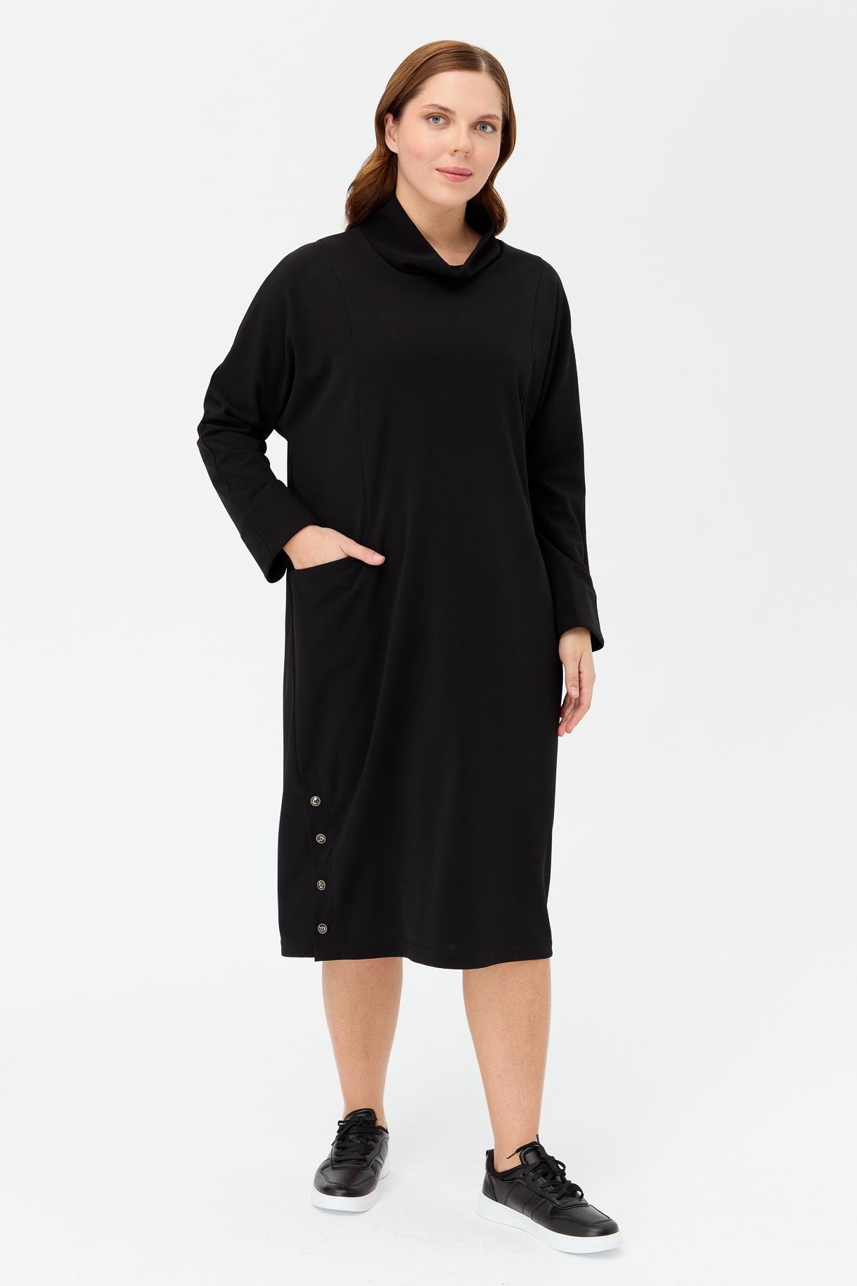Büyük Beden Degaje Yaka Cepli Elbise - SİYAH