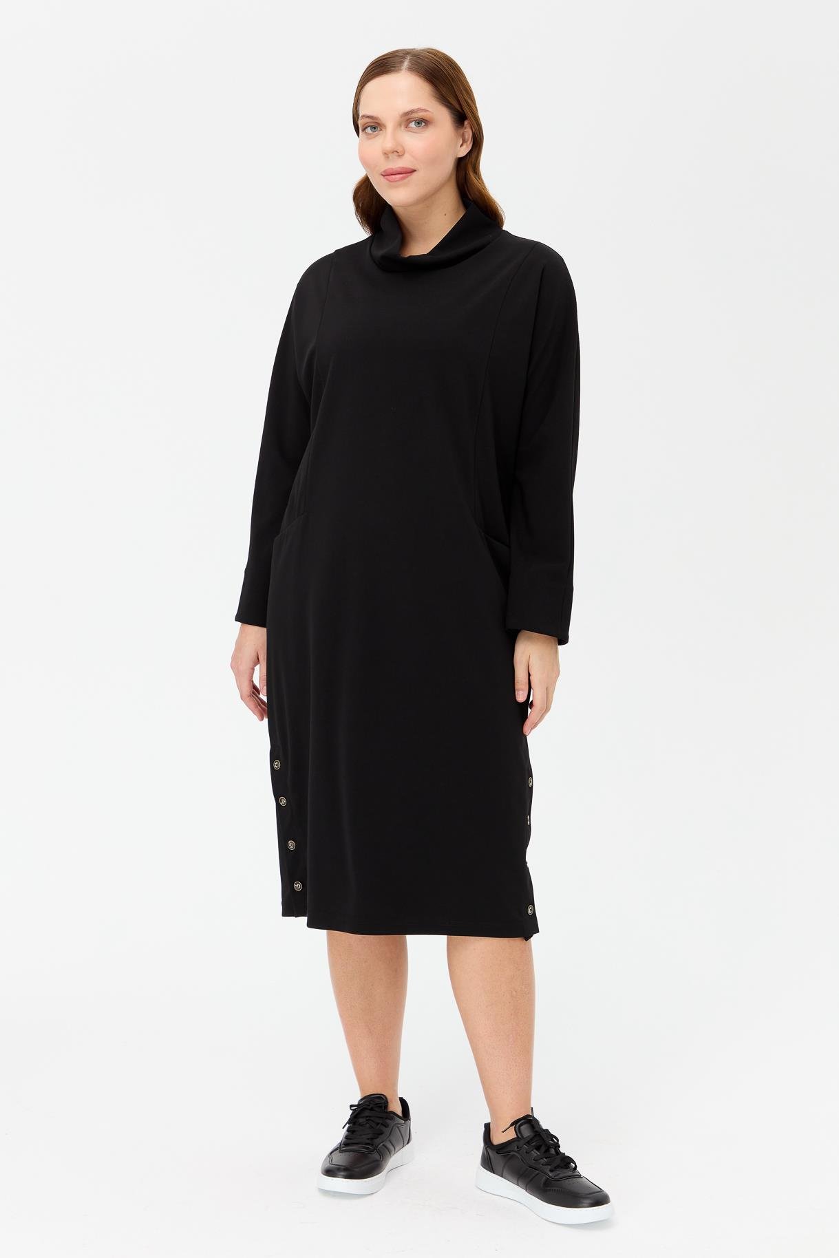 Büyük Beden Degaje Yaka Cepli Elbise - SİYAH